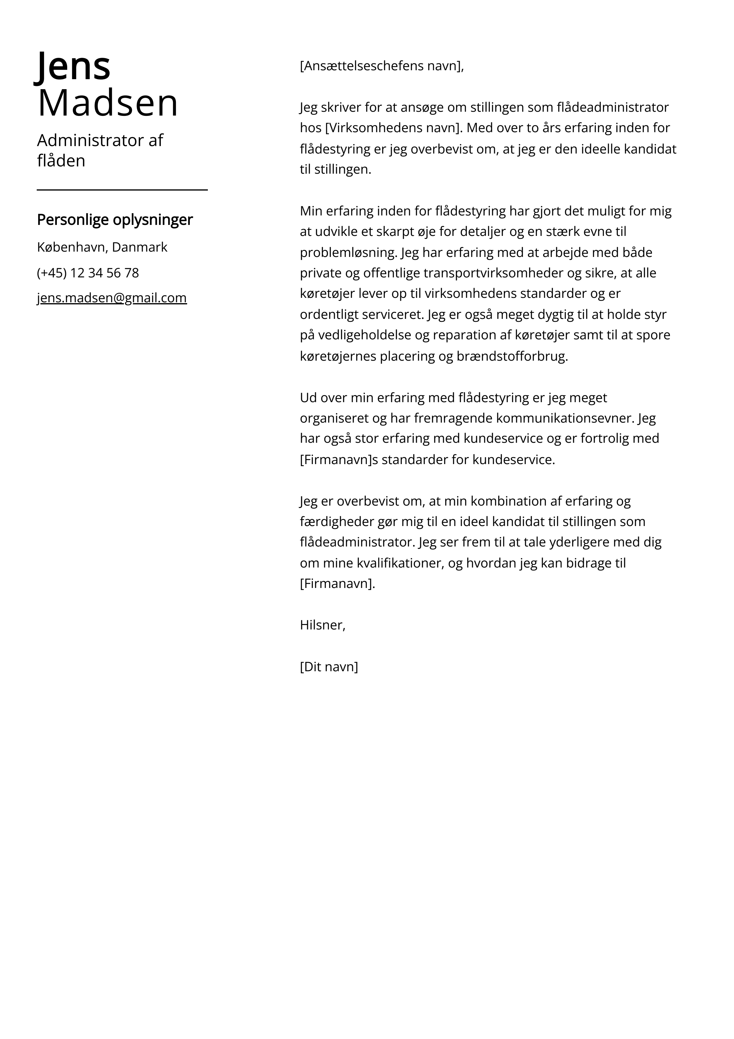 Administrator af flåden Cover Letter Example