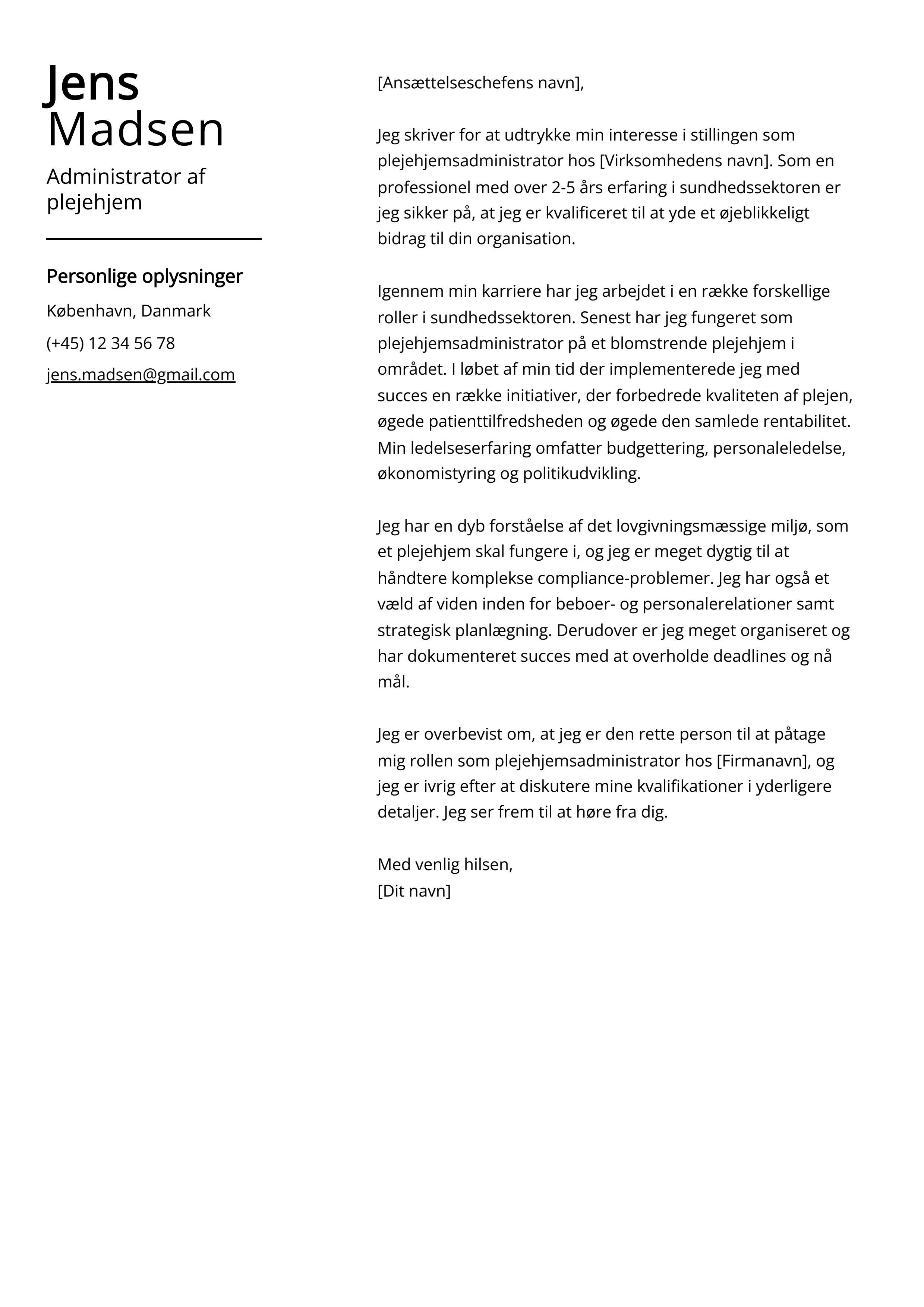 Administrator af plejehjem Cover Letter Example