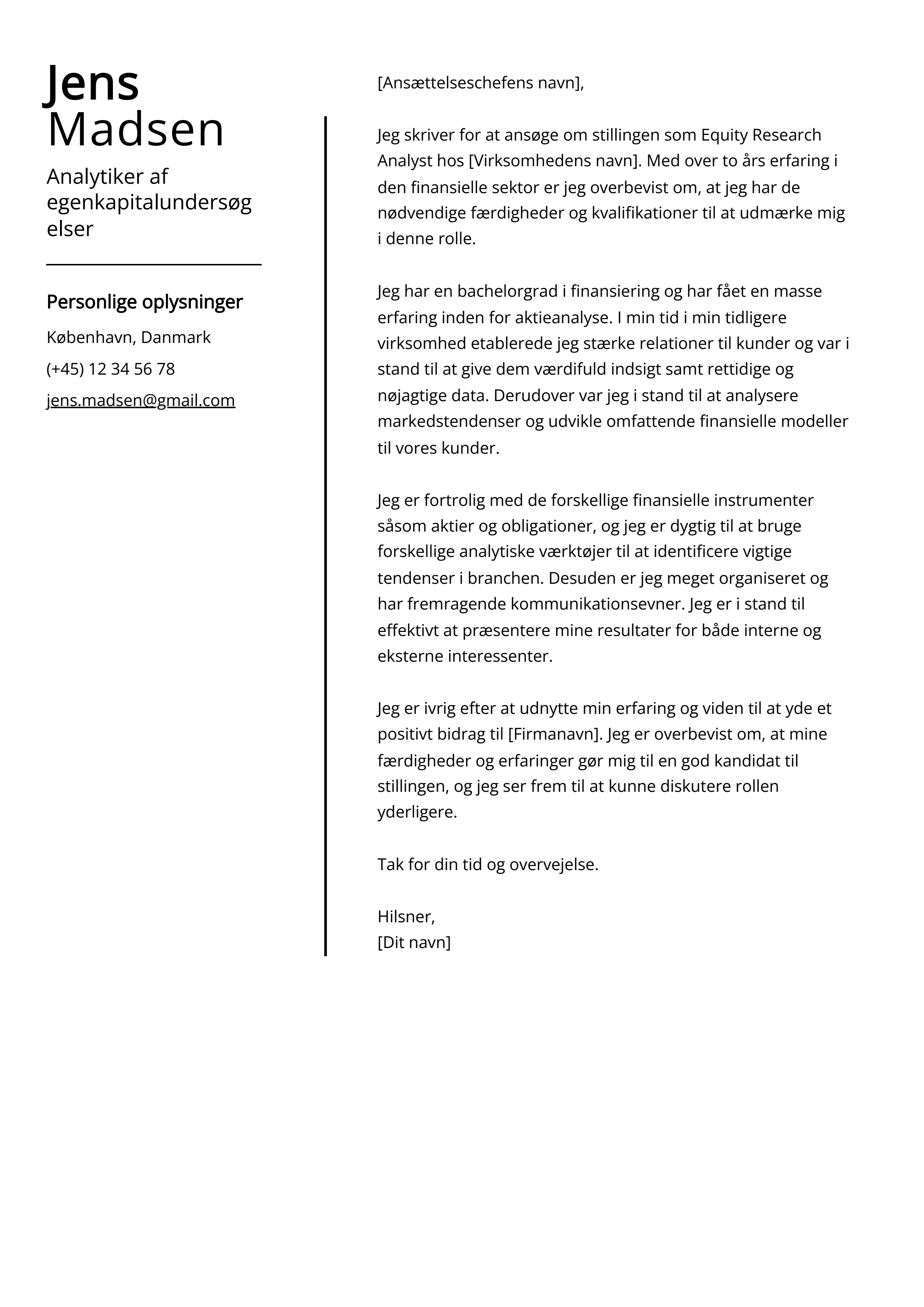 Analytiker af egenkapitalundersøgelser Cover Letter Example