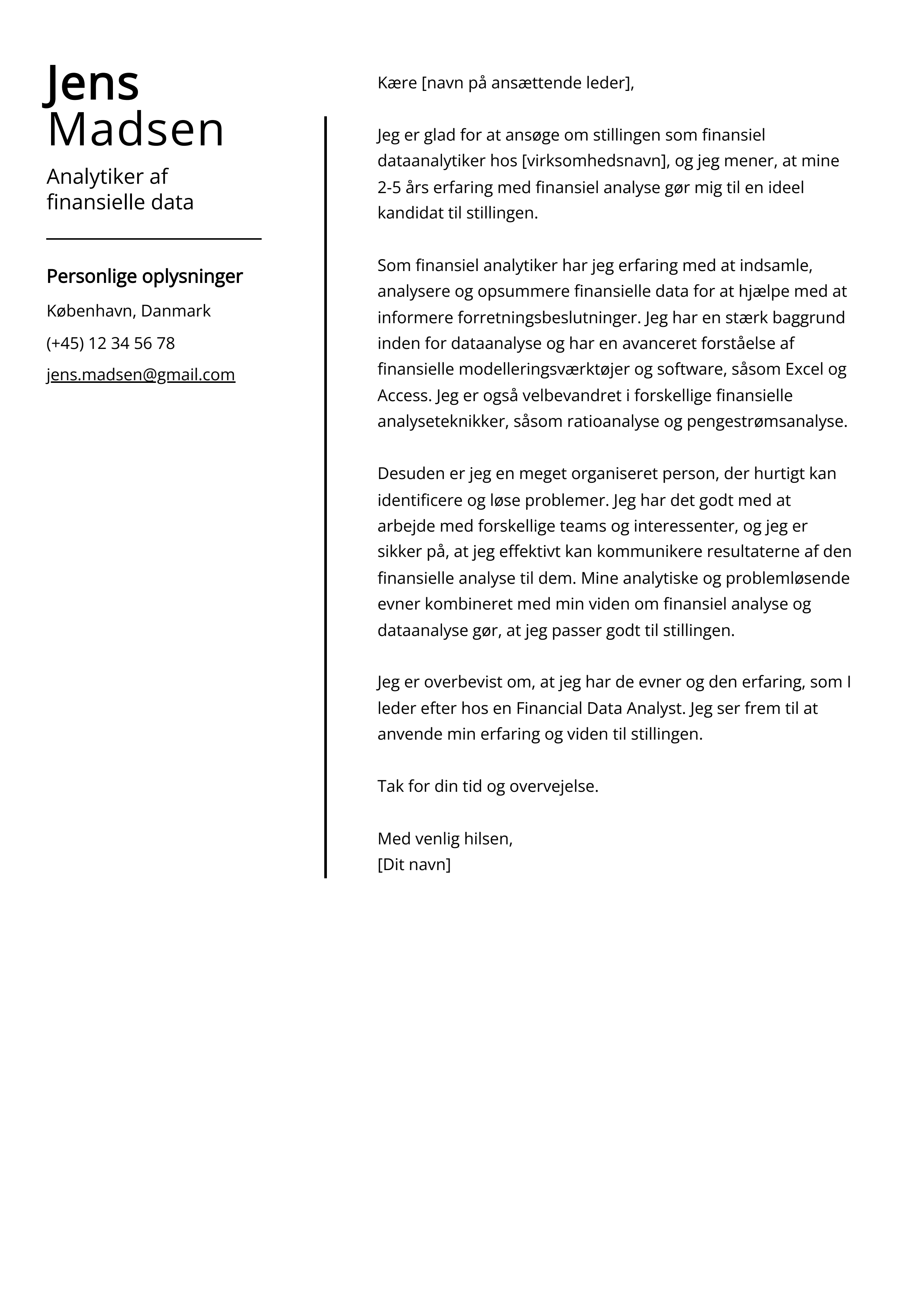 Analytiker af finansielle data Cover Letter Example