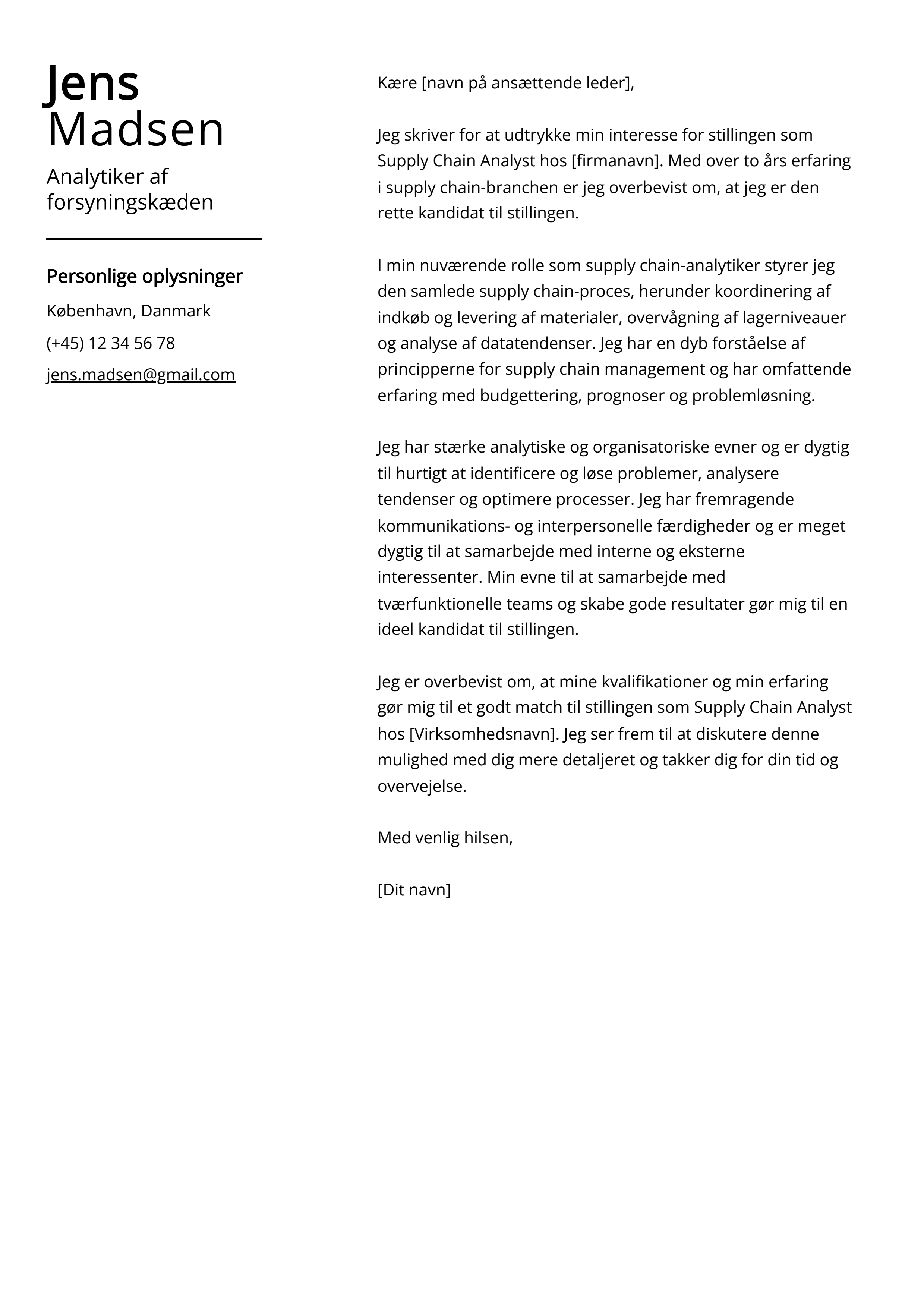 Analytiker af forsyningskæden Cover Letter Example