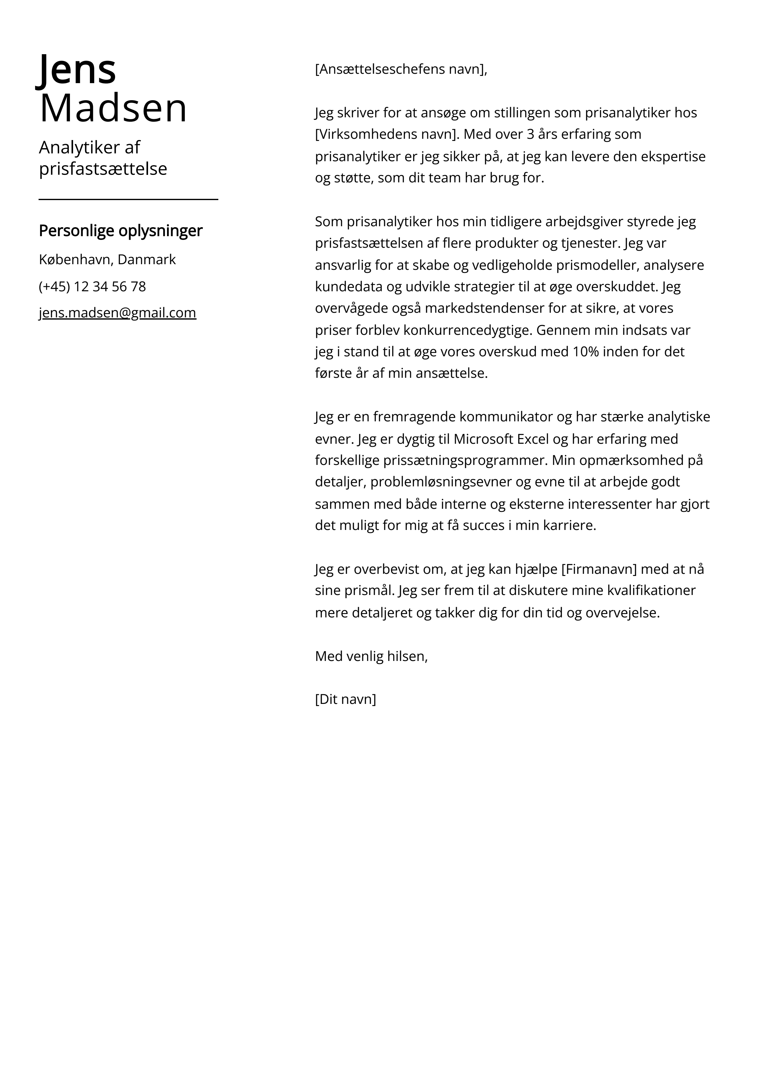 Analytiker af prisfastsættelse Cover Letter Example