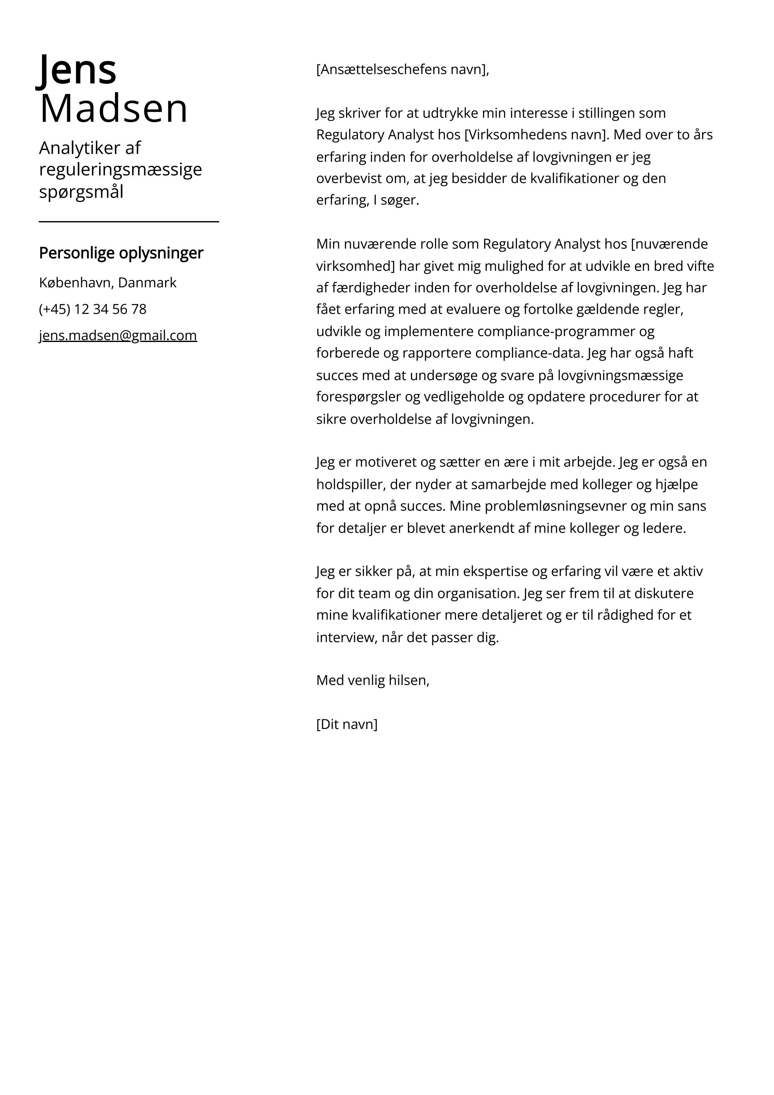 Analytiker af reguleringsmæssige spørgsmål Cover Letter Example