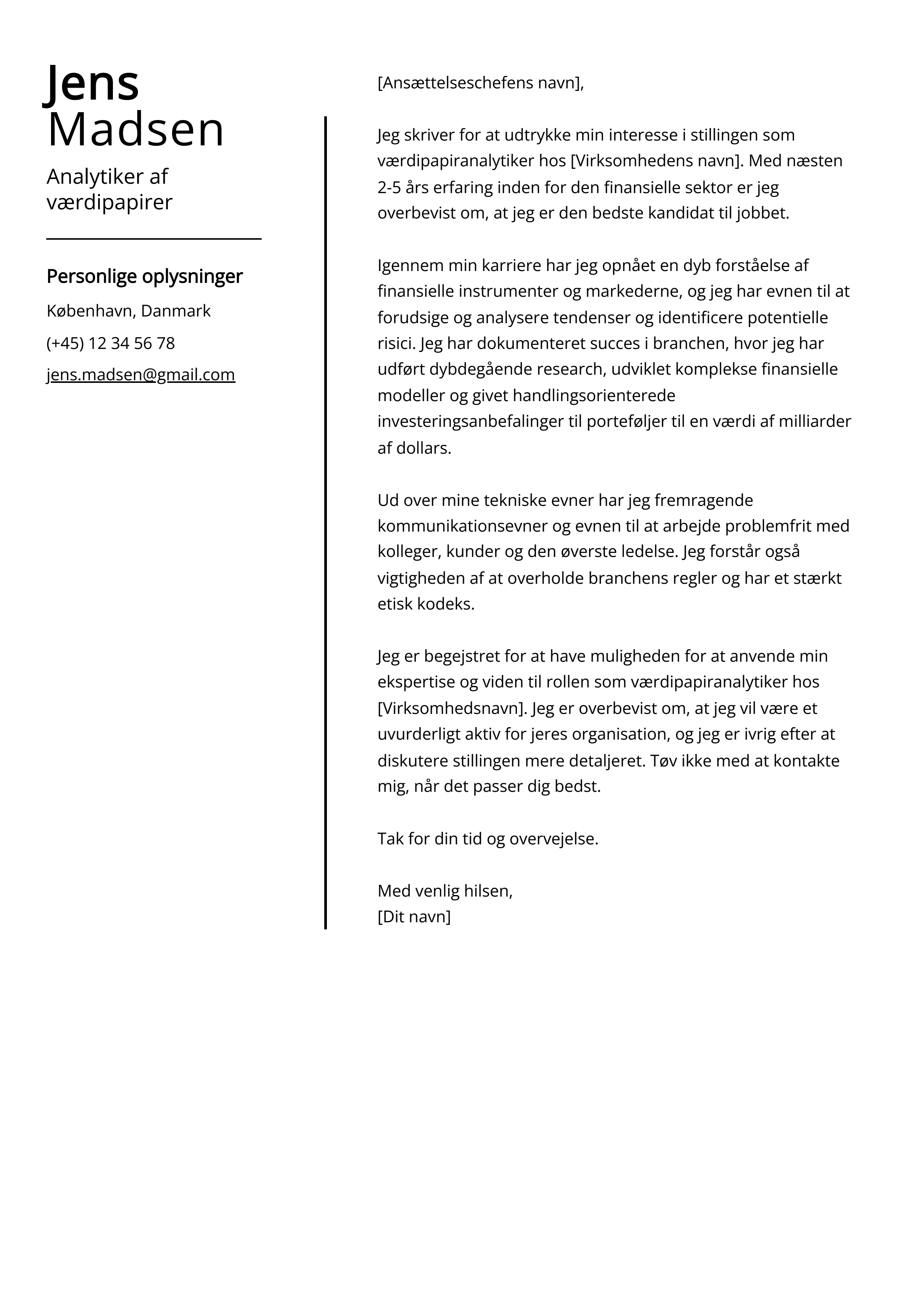 Analytiker af værdipapirer Cover Letter Example