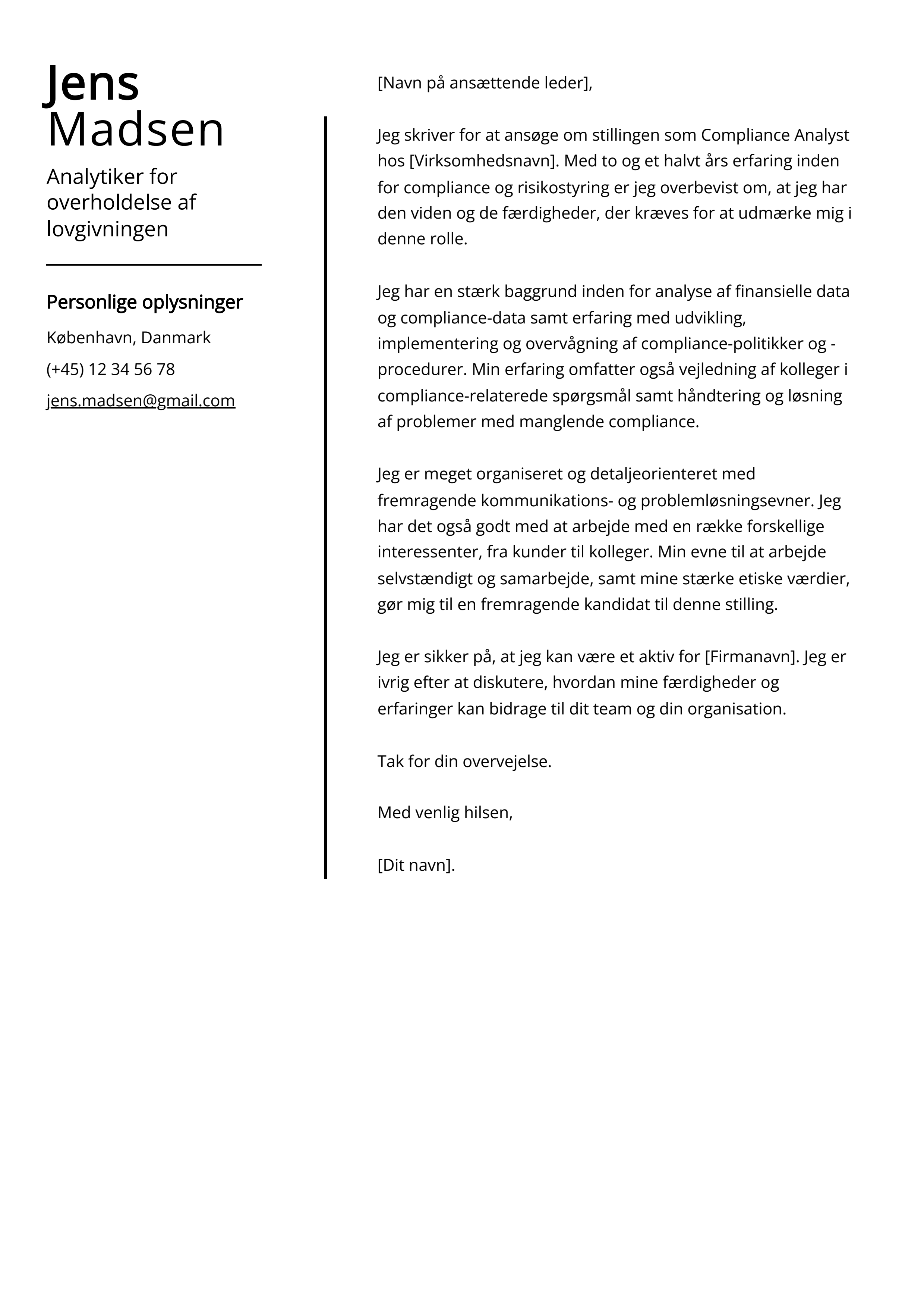 Analytiker for overholdelse af lovgivningen Cover Letter Example