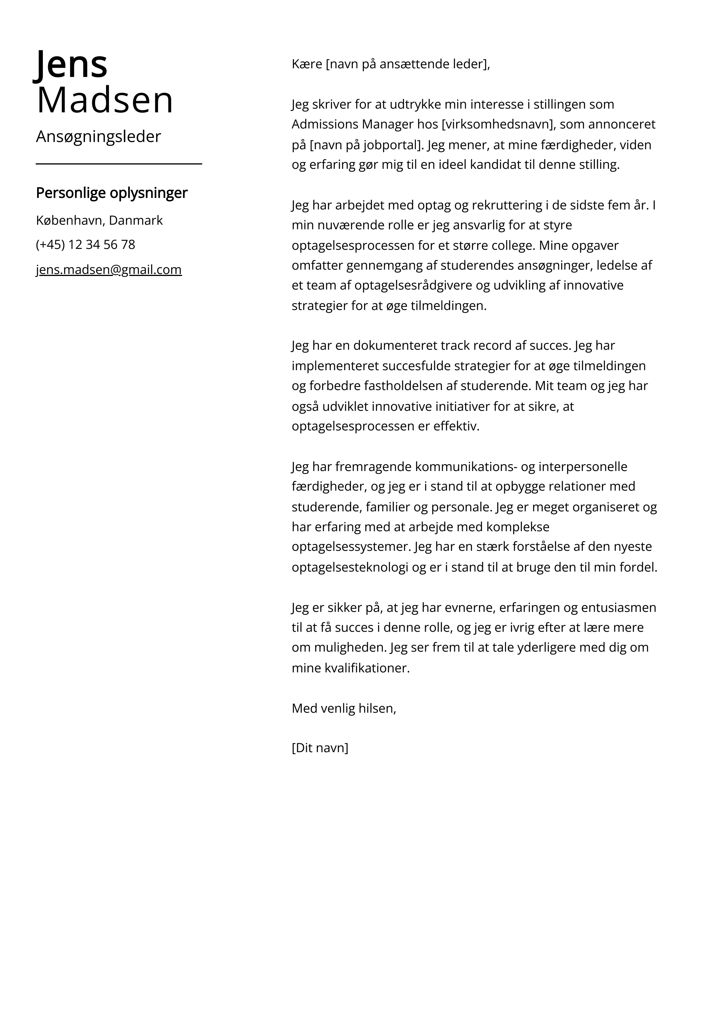 Ansøgningsleder Cover Letter Example