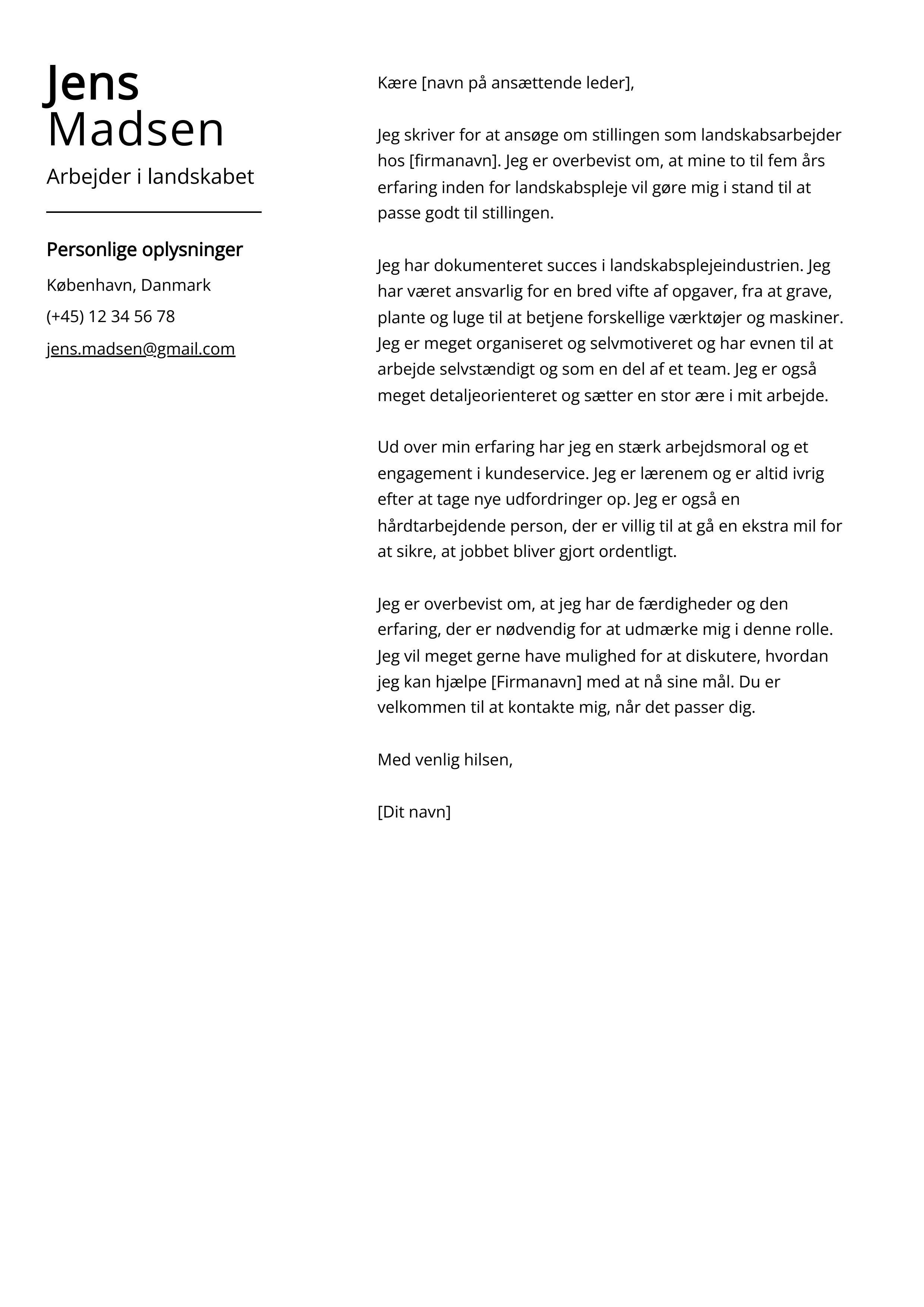 Arbejder i landskabet Cover Letter Example