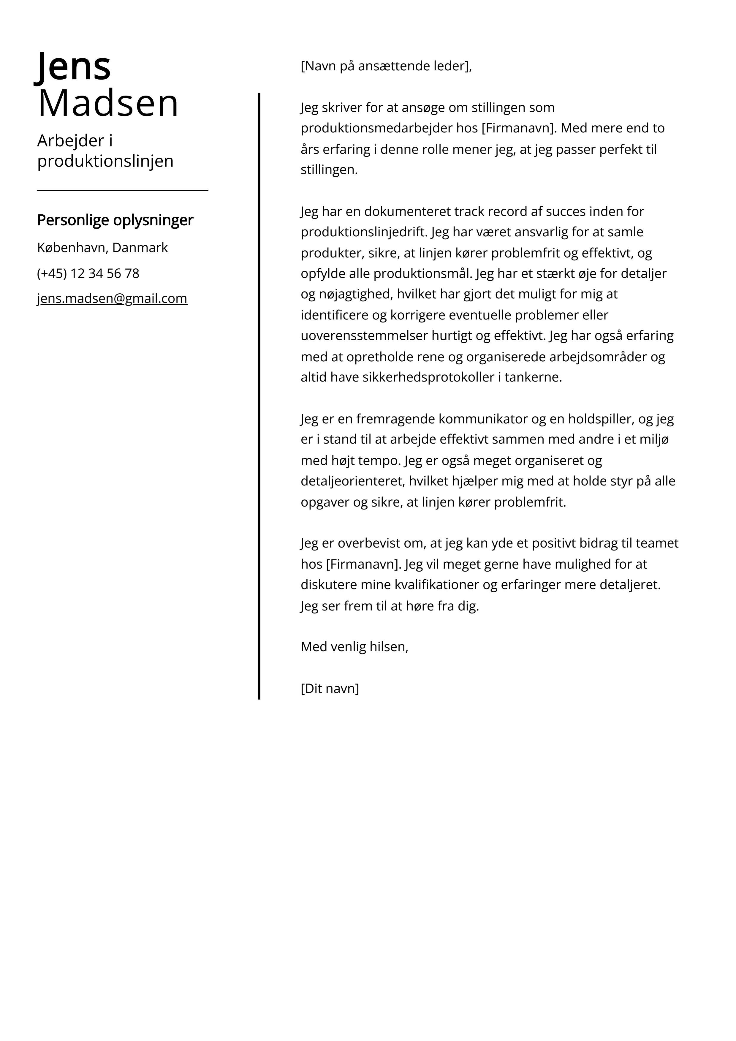 Arbejder i produktionslinjen Cover Letter Example