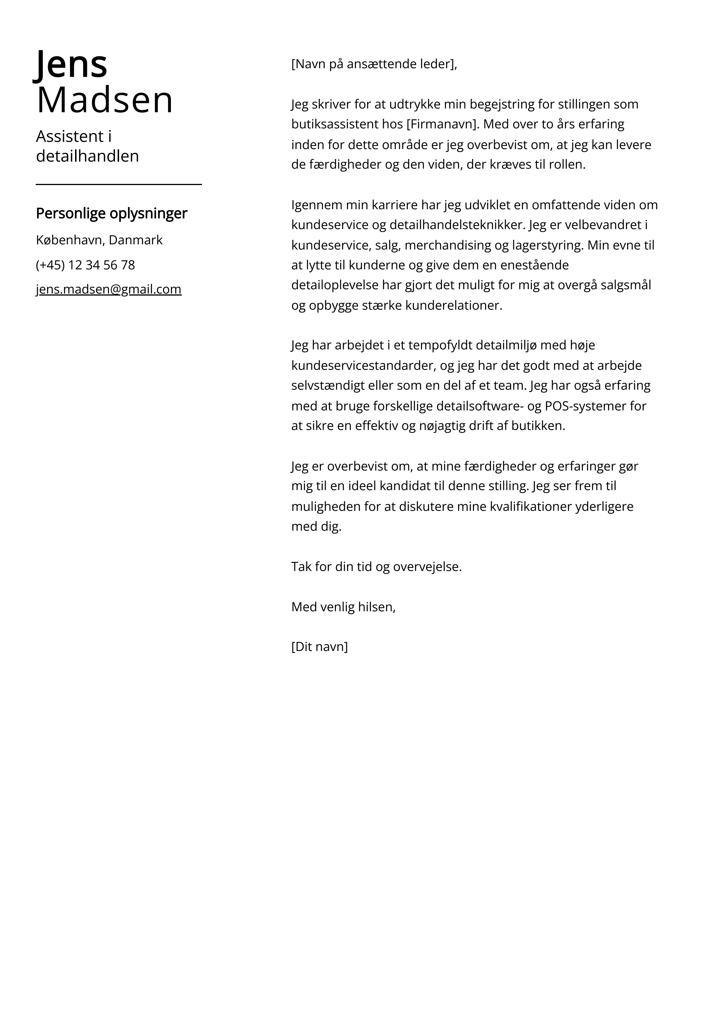 Assistent i detailhandlen Cover Letter Example