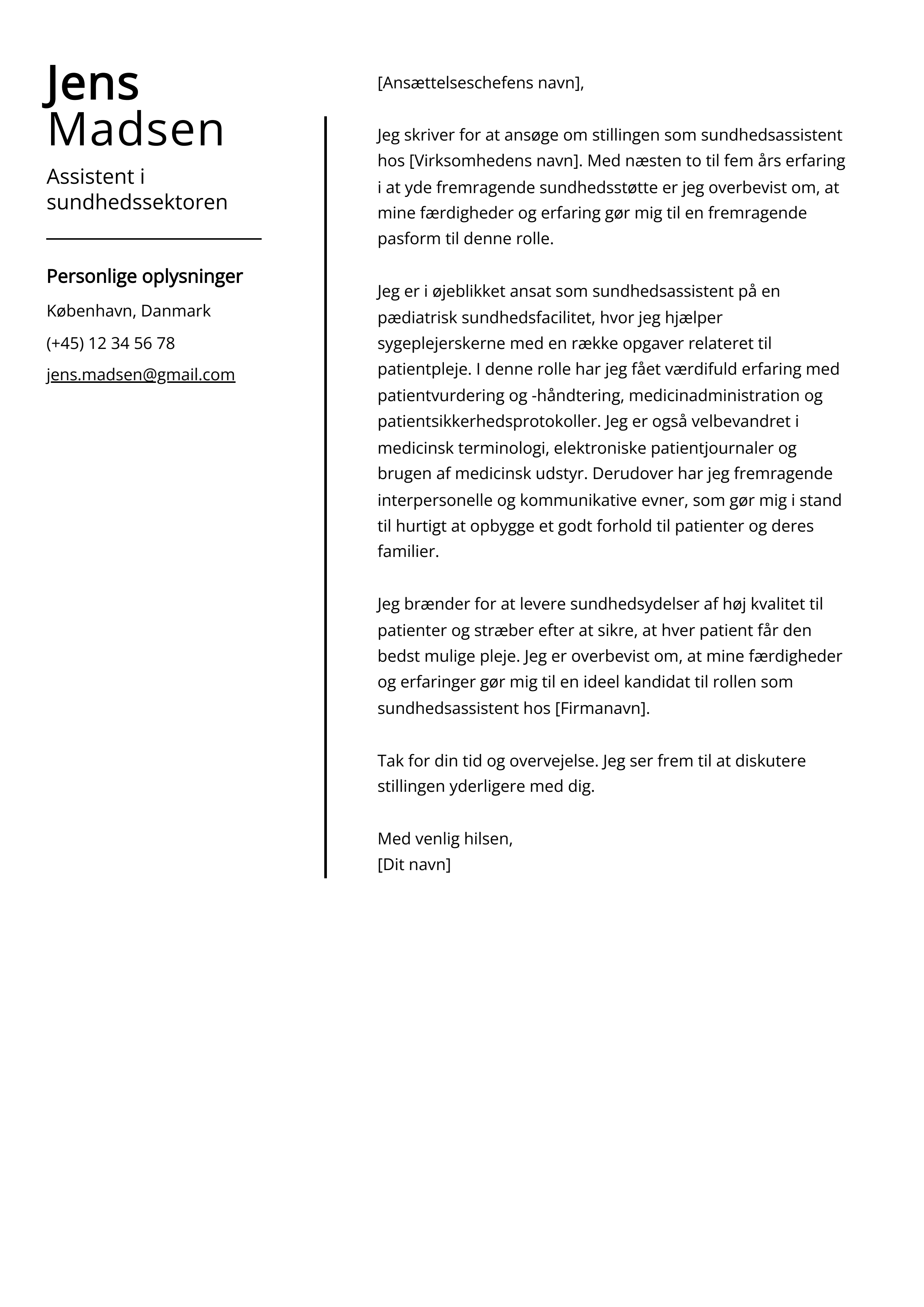 Assistent i sundhedssektoren Cover Letter Example