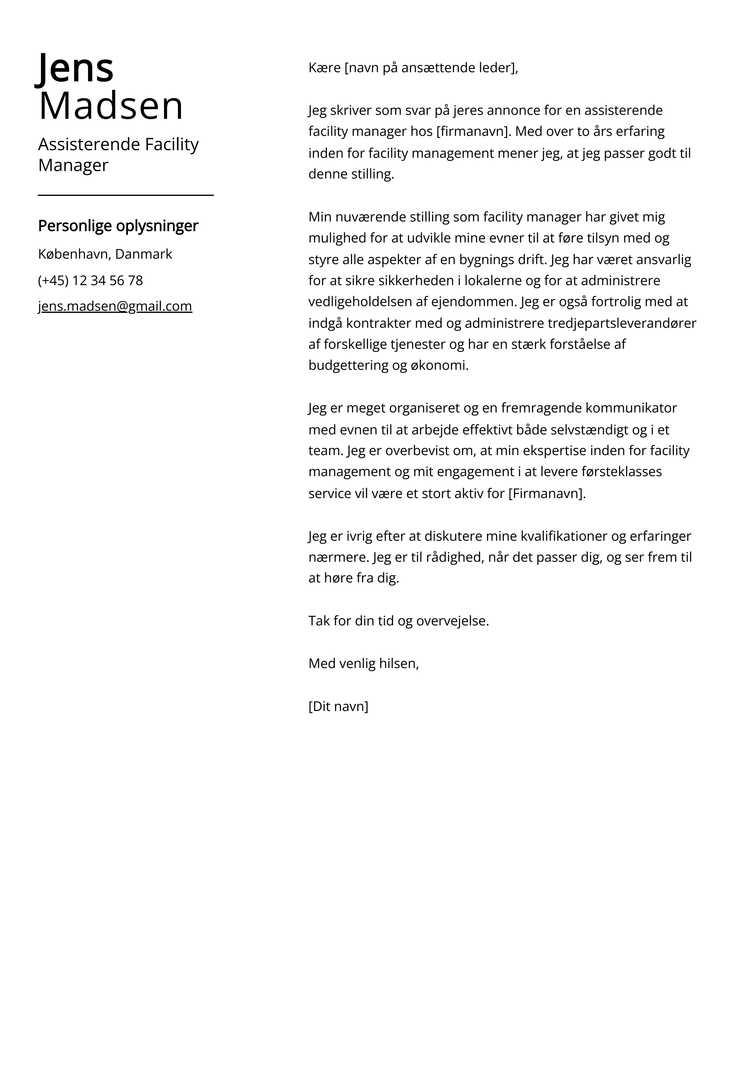 Assisterende Facility Manager Cover Letter Eksempel