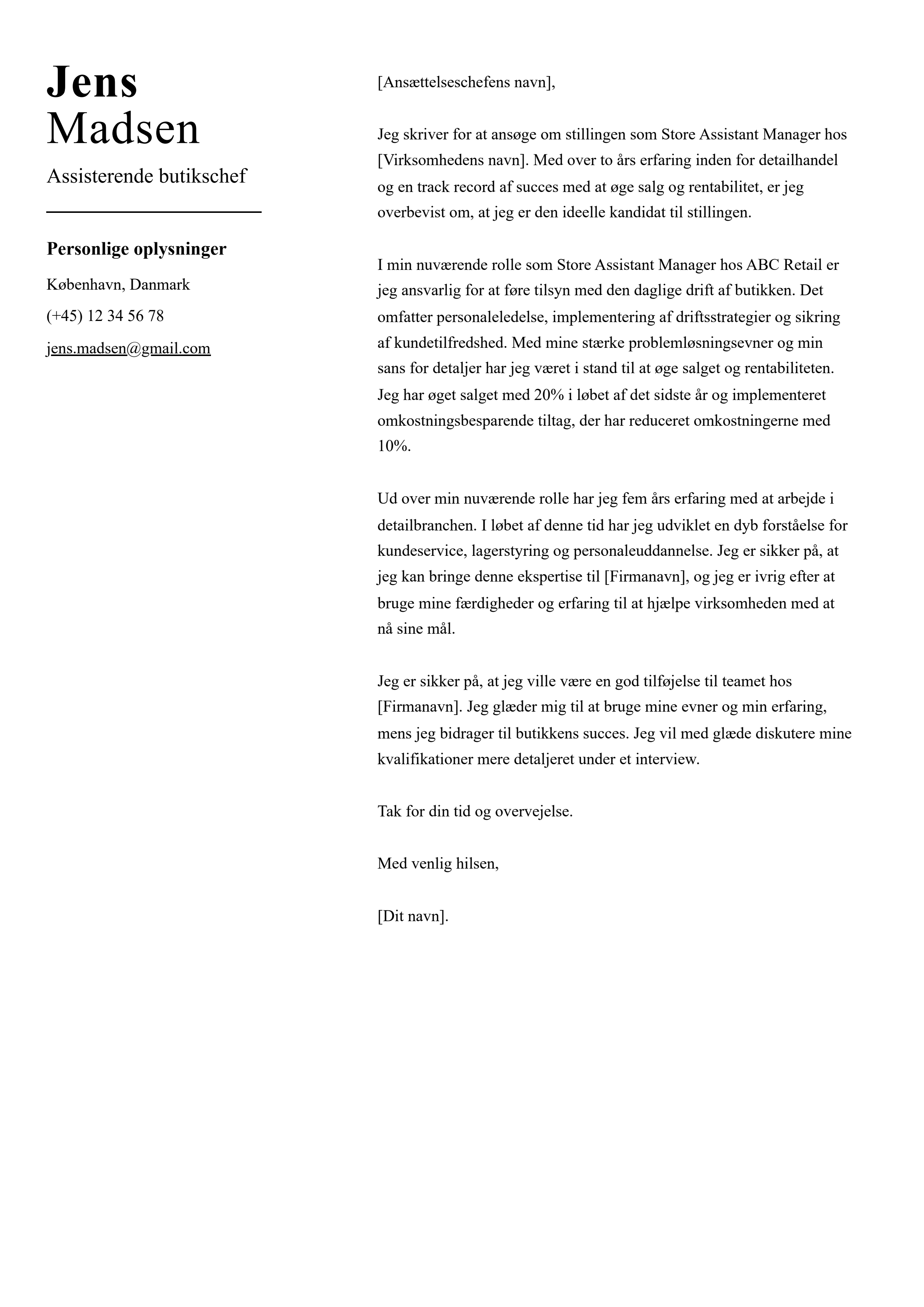 Assisterende butikschef Cover Letter Example