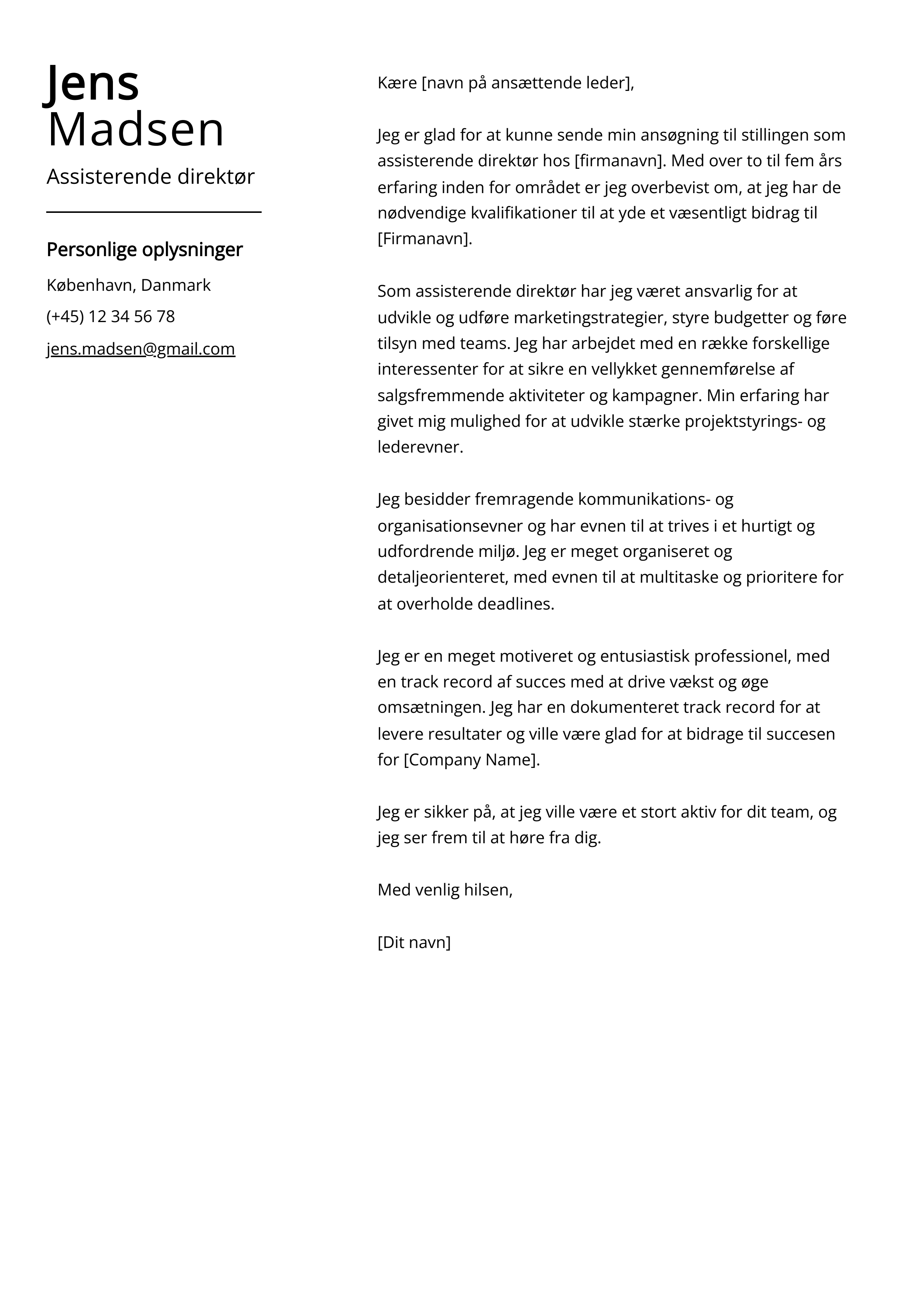 Assisterende direktør Cover Letter Example