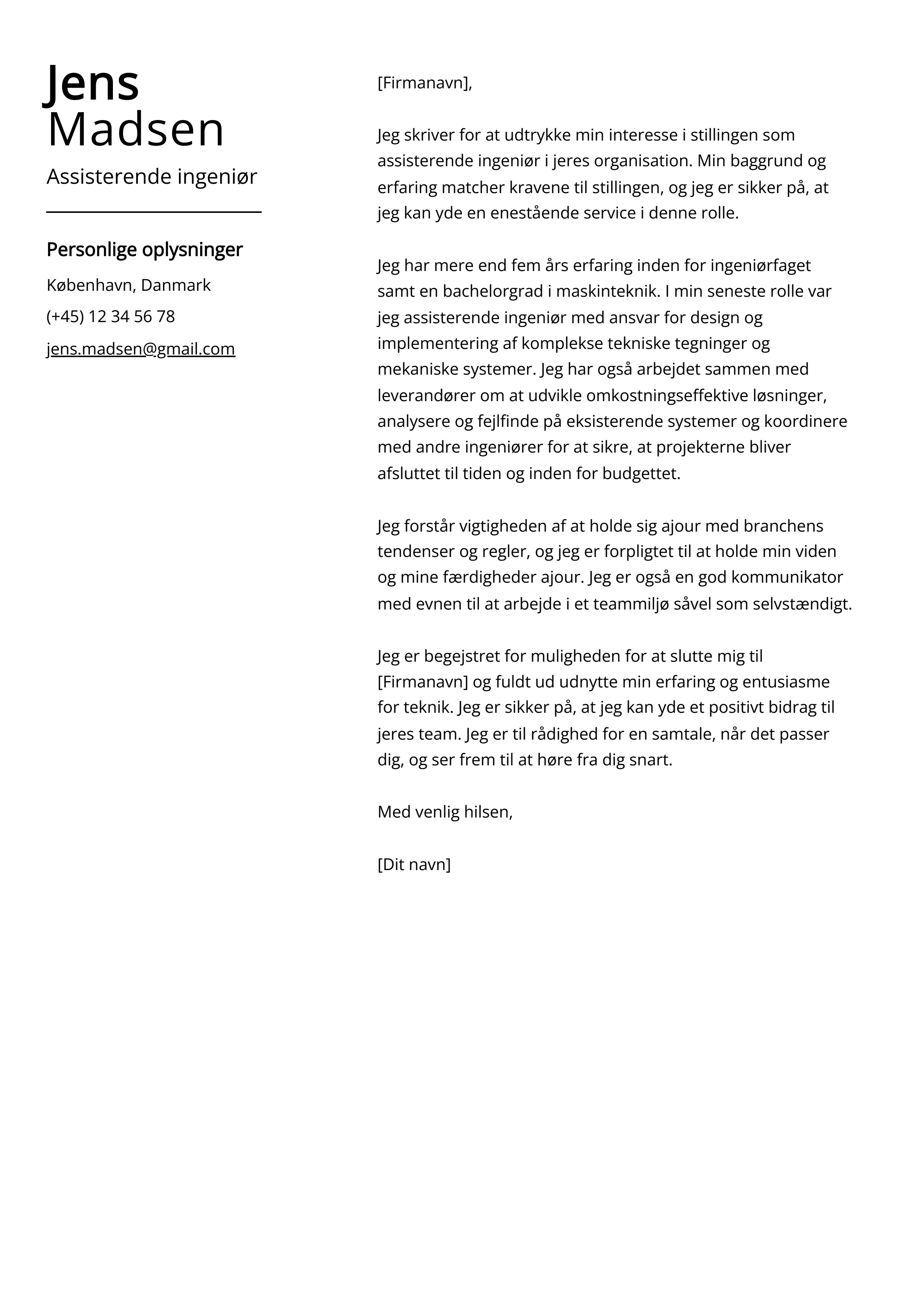 Assisterende ingeniør Cover Letter Eksempel