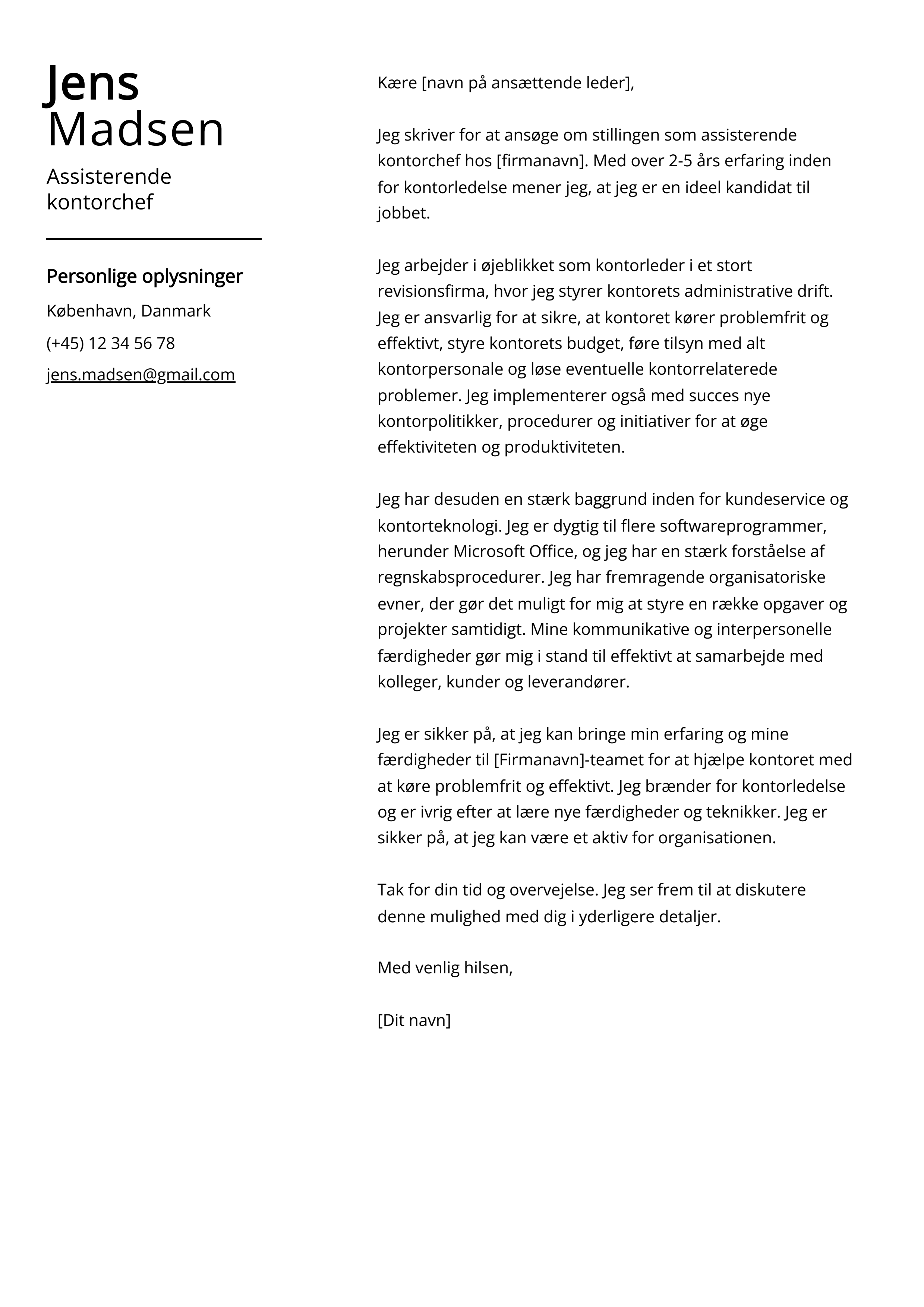 Assisterende kontorchef Cover Letter Example