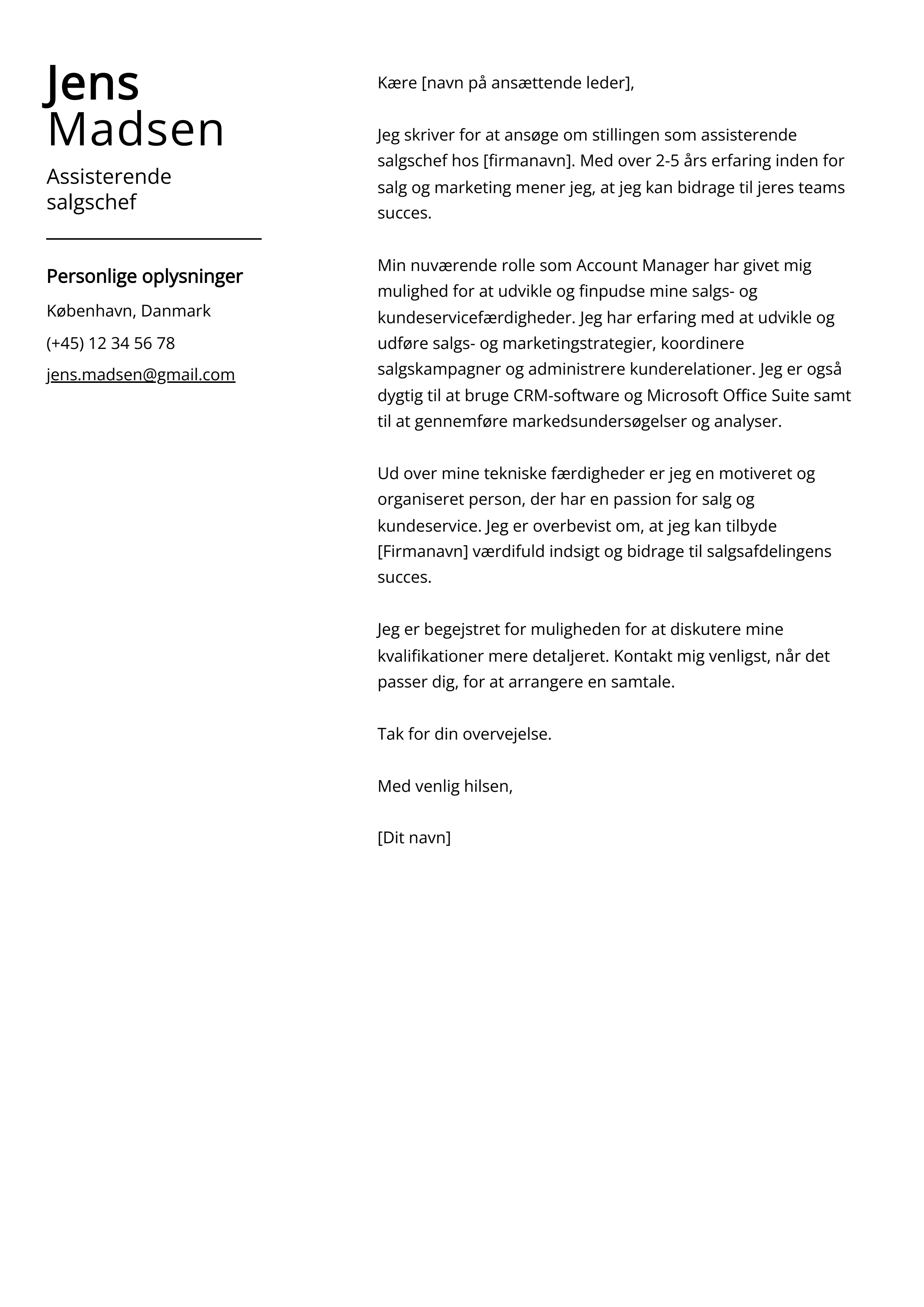 Assisterende salgschef Cover Letter Example