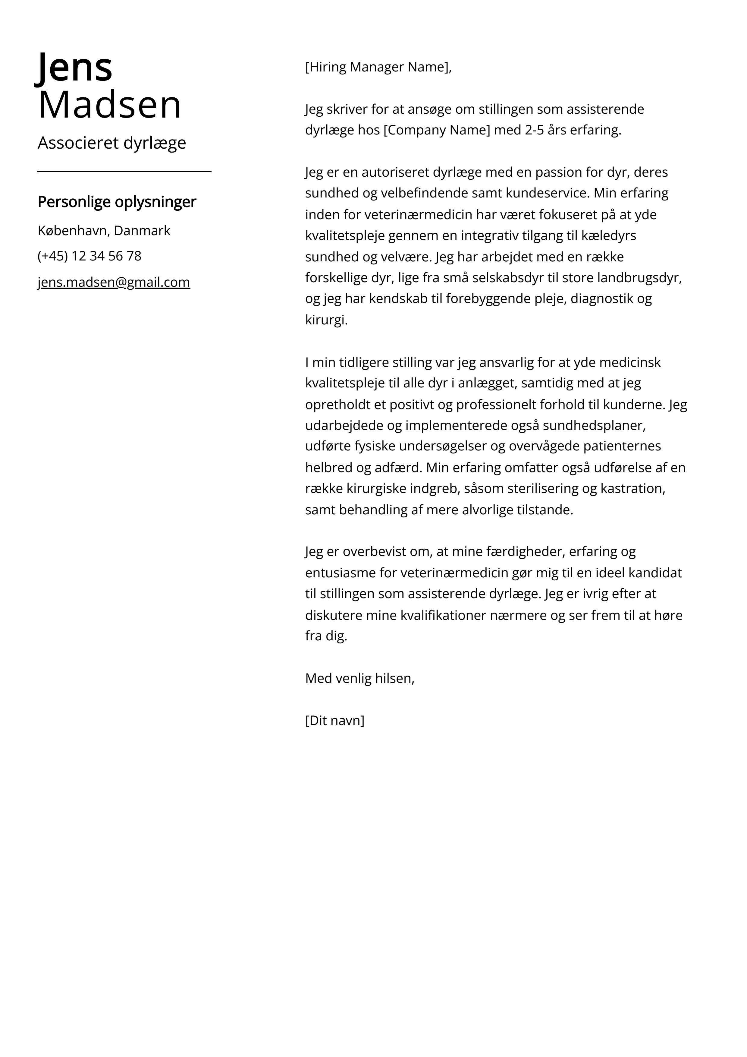 Associeret dyrlæge Cover Letter Example