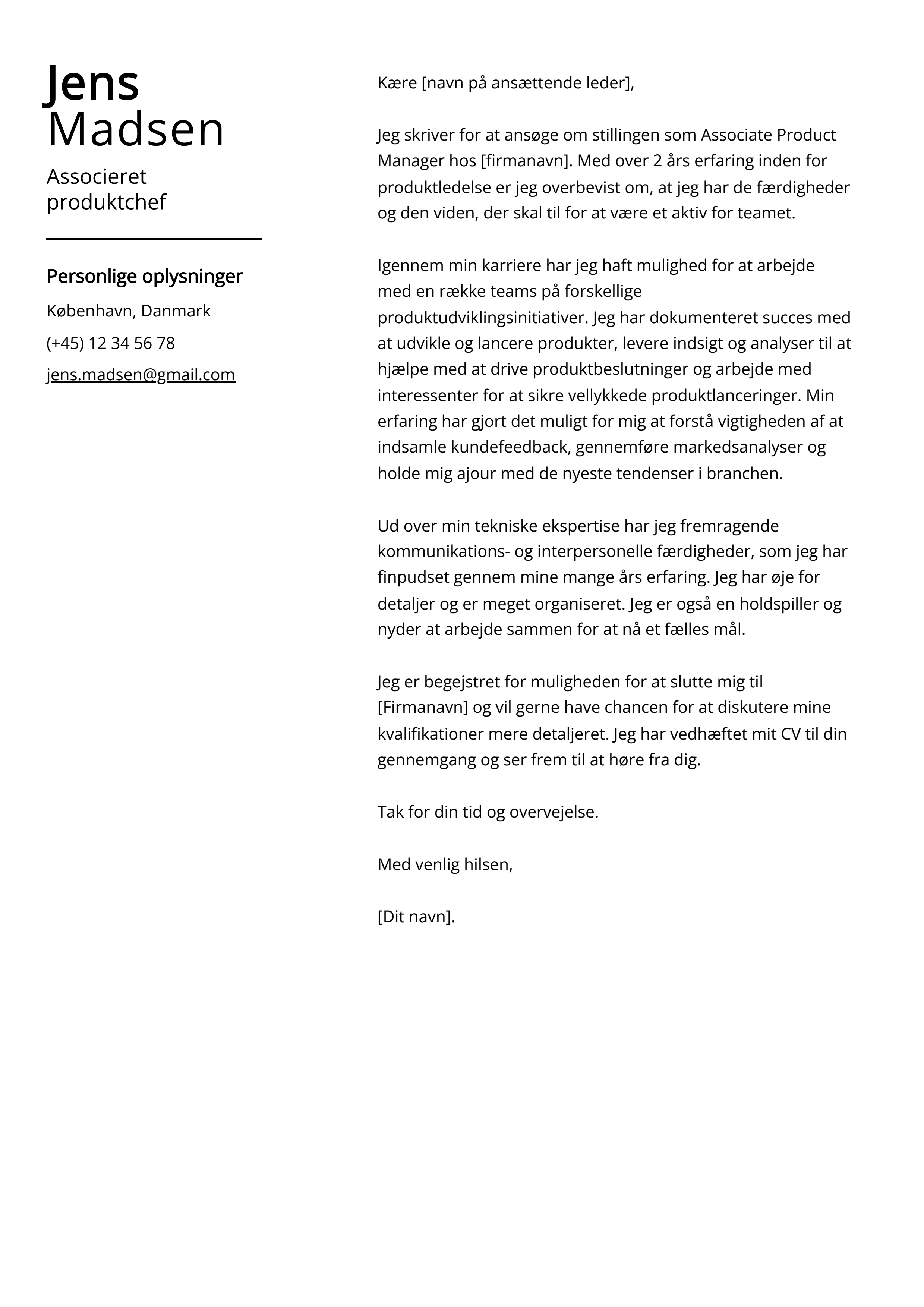 Associeret produktchef Cover Letter Example