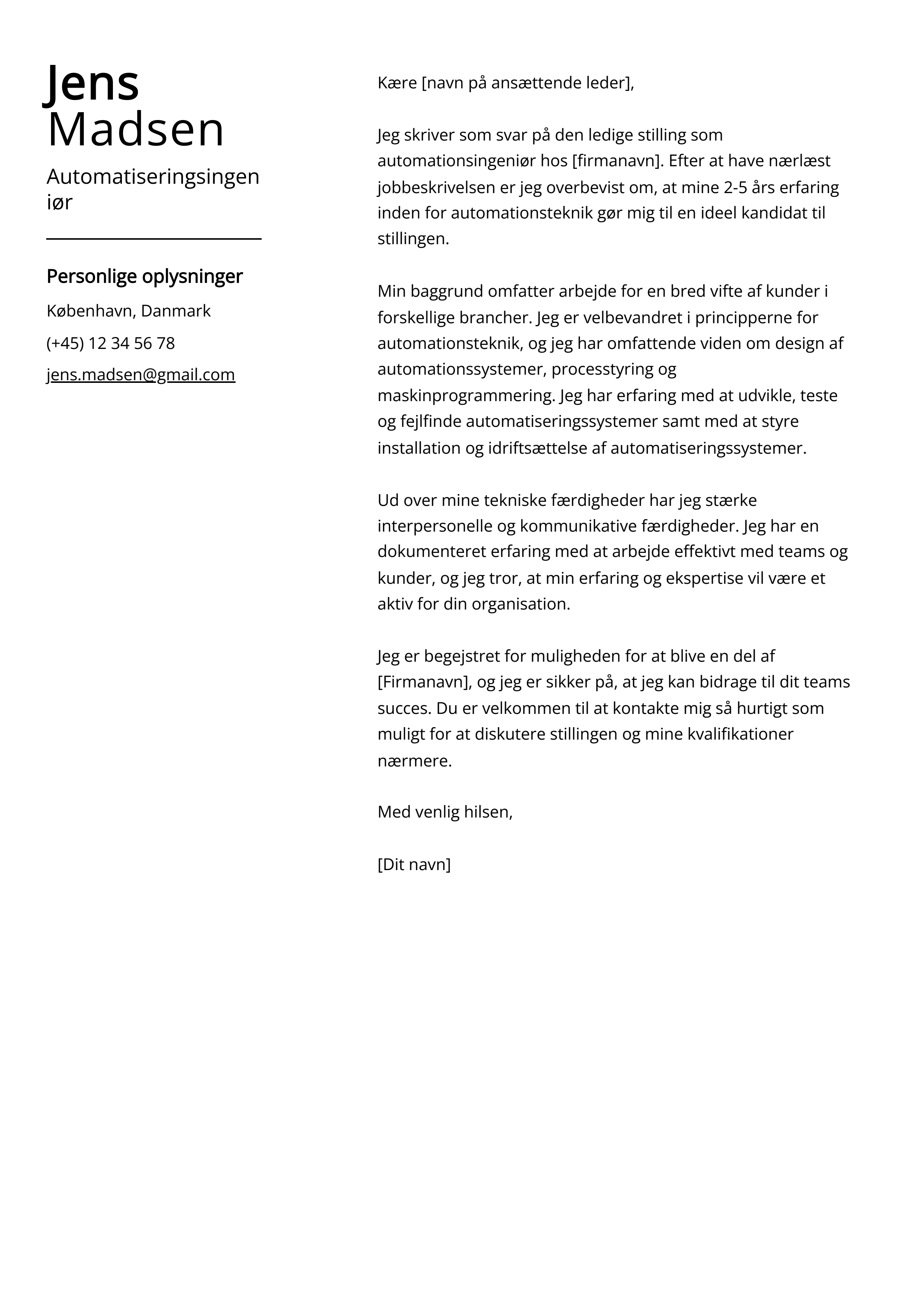 Automatiseringsingeniør Cover Letter Example