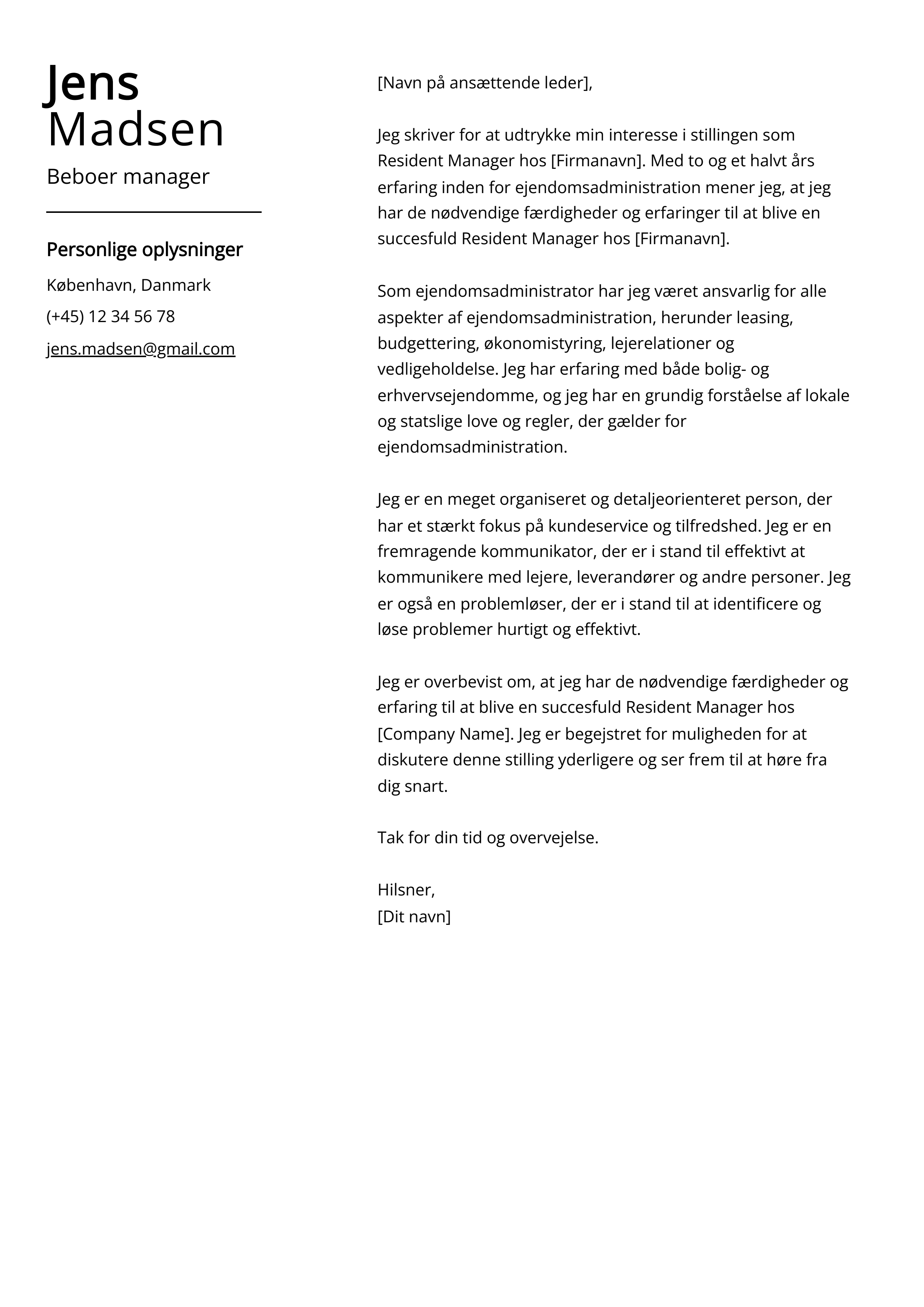 Beboer manager Cover Letter Eksempel