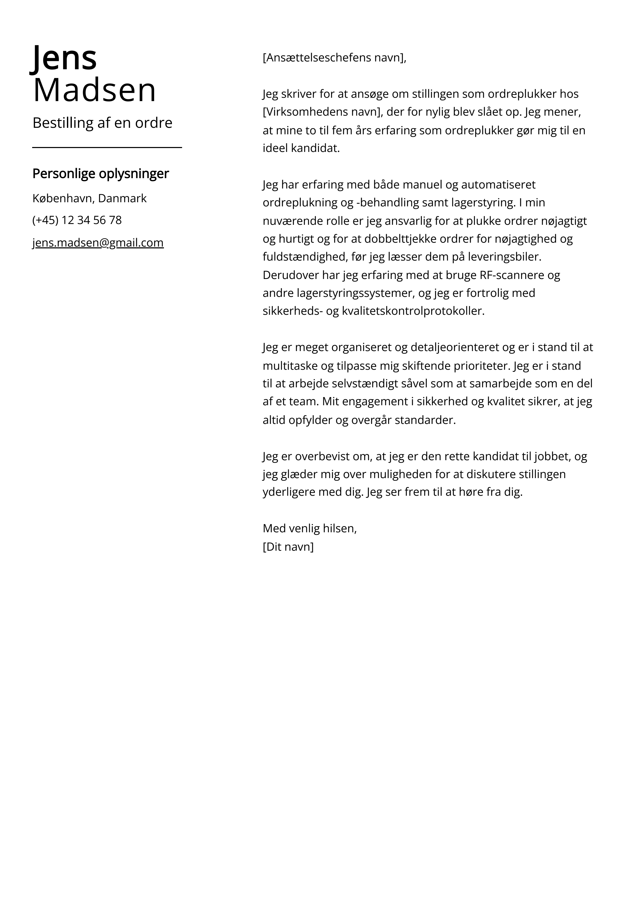 Bestilling af en ordre Cover Letter Example