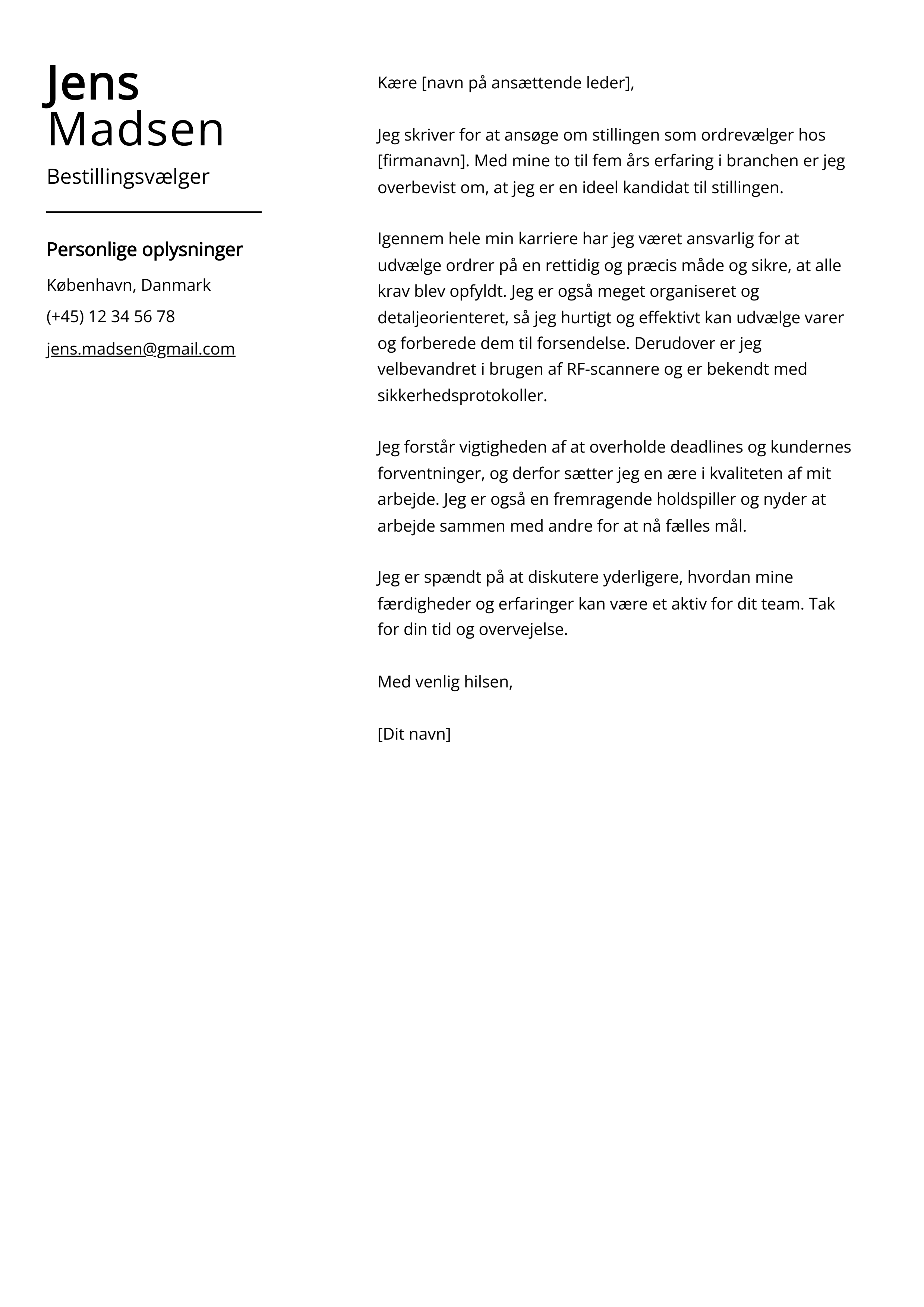 Bestillingsvælger Cover Letter Example