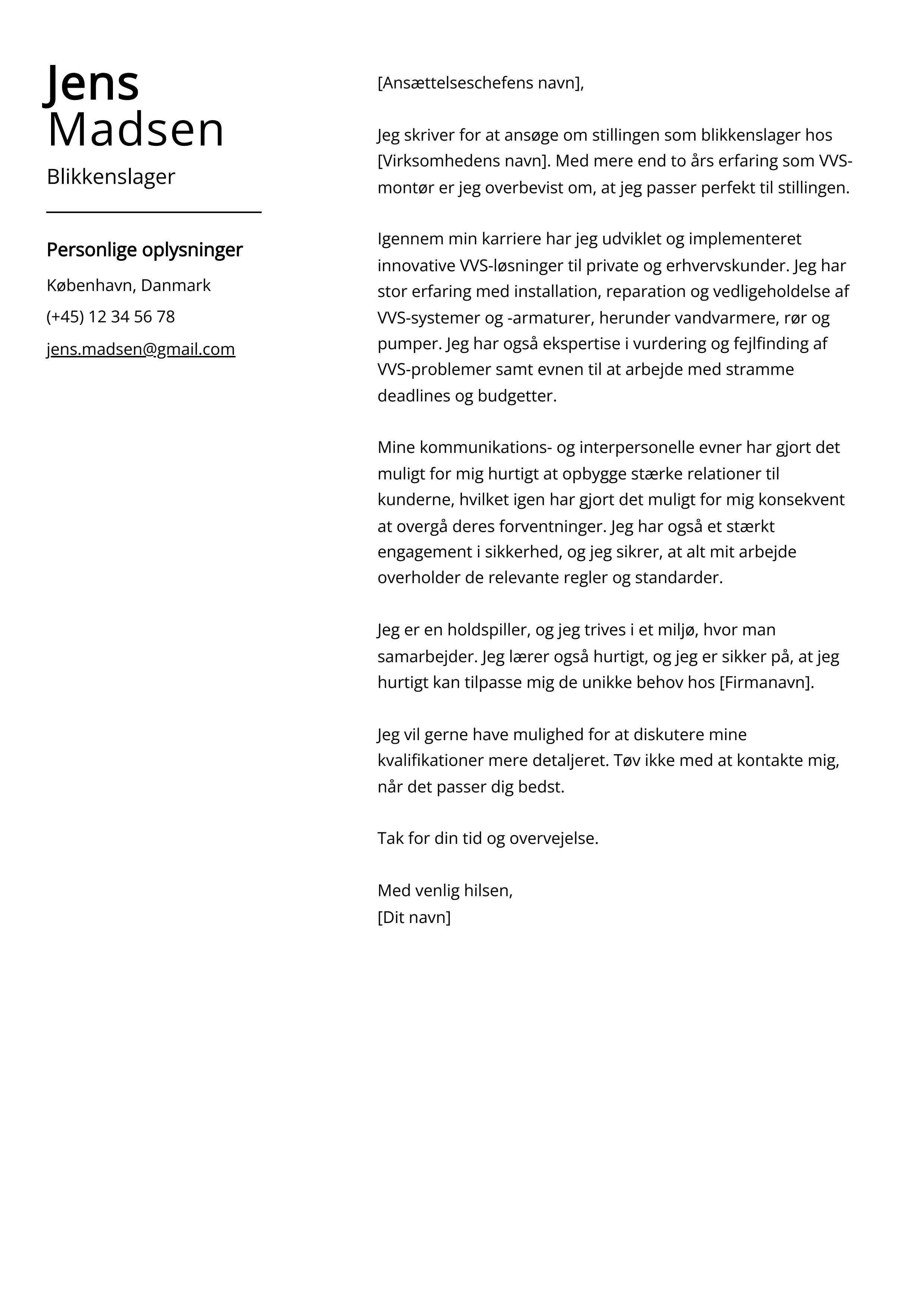 Blikkenslager Cover Letter Eksempel