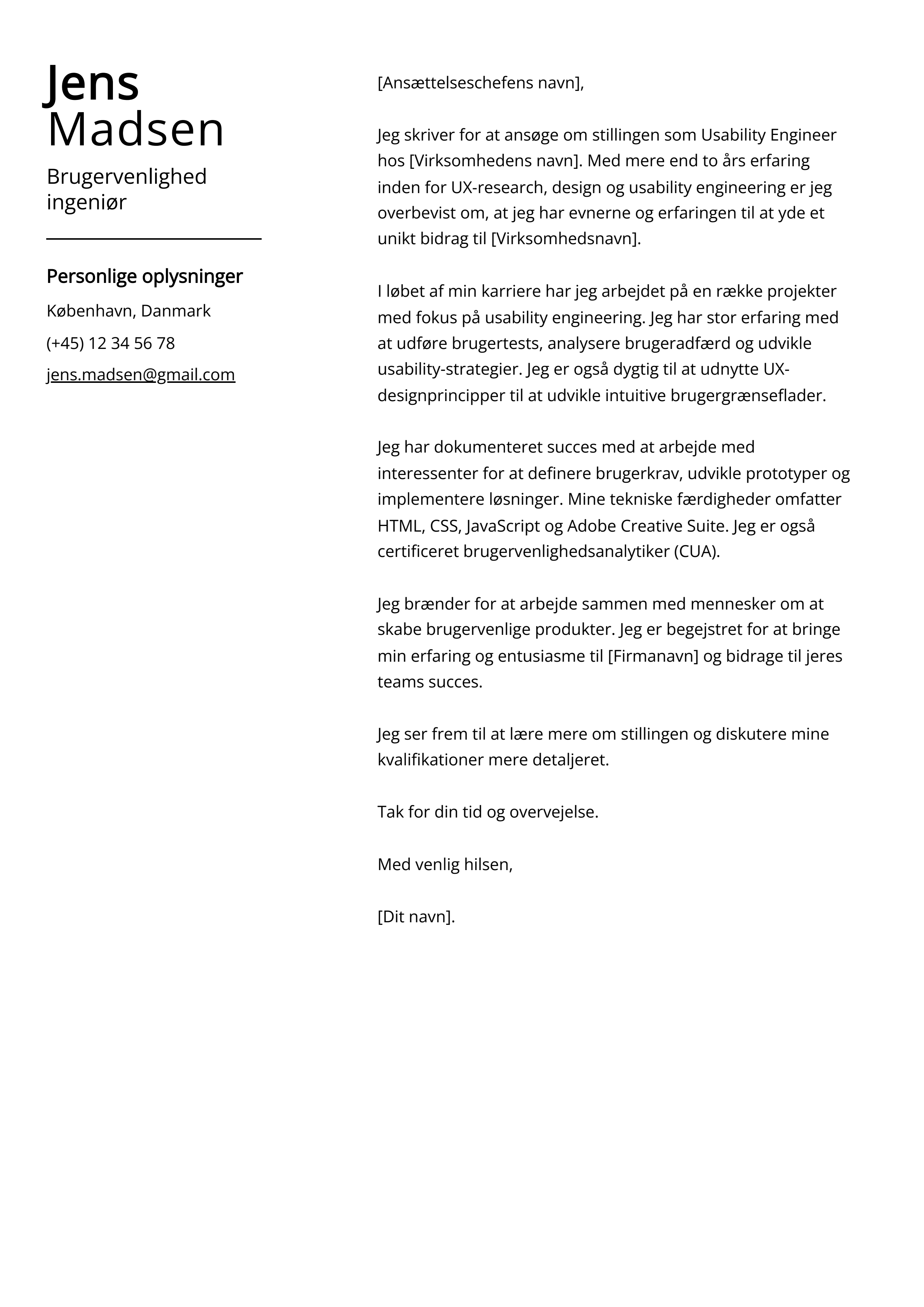 Brugervenlighed ingeniør Cover Letter Example