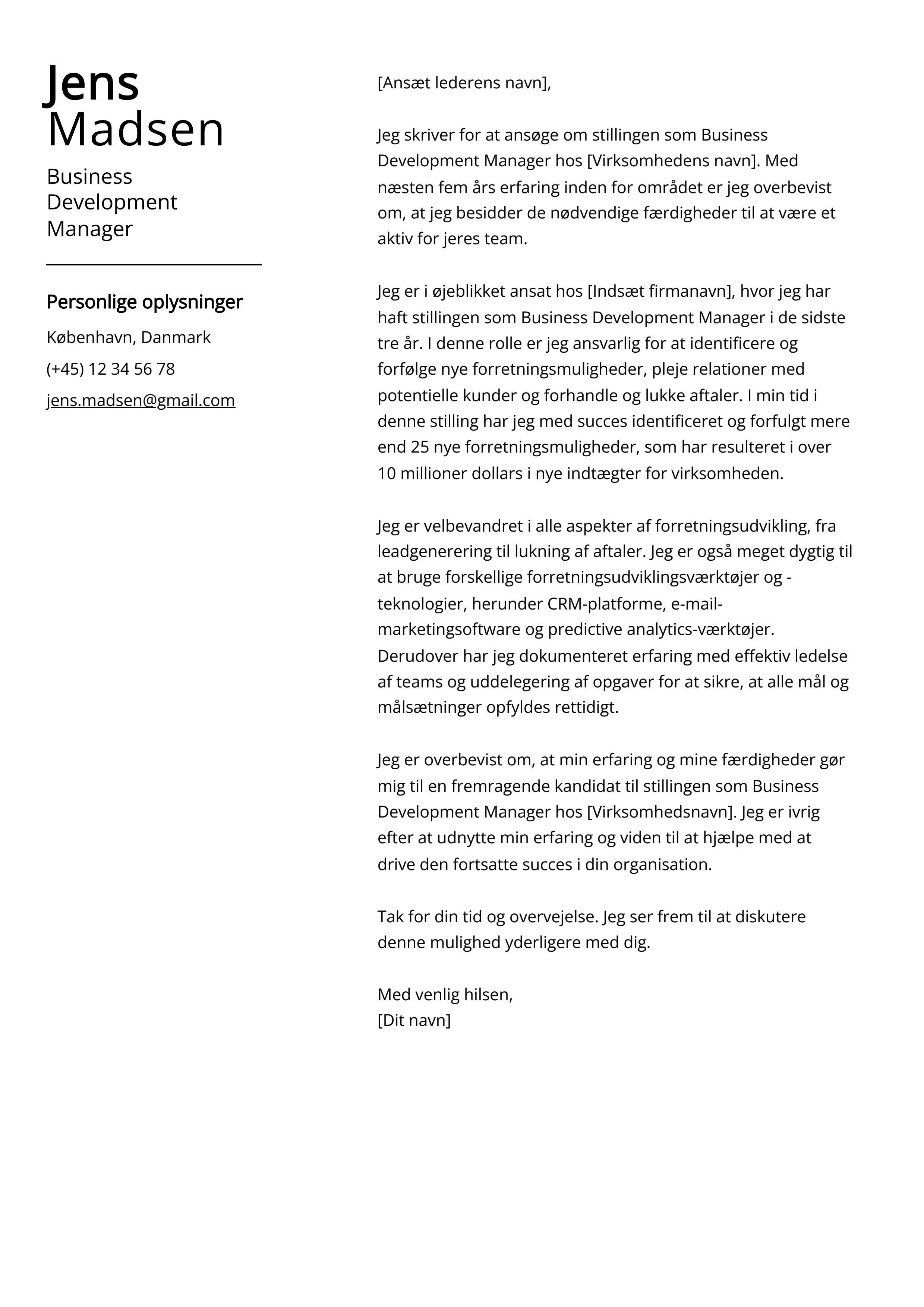 Business Development Manager Eksempel på følgebrev