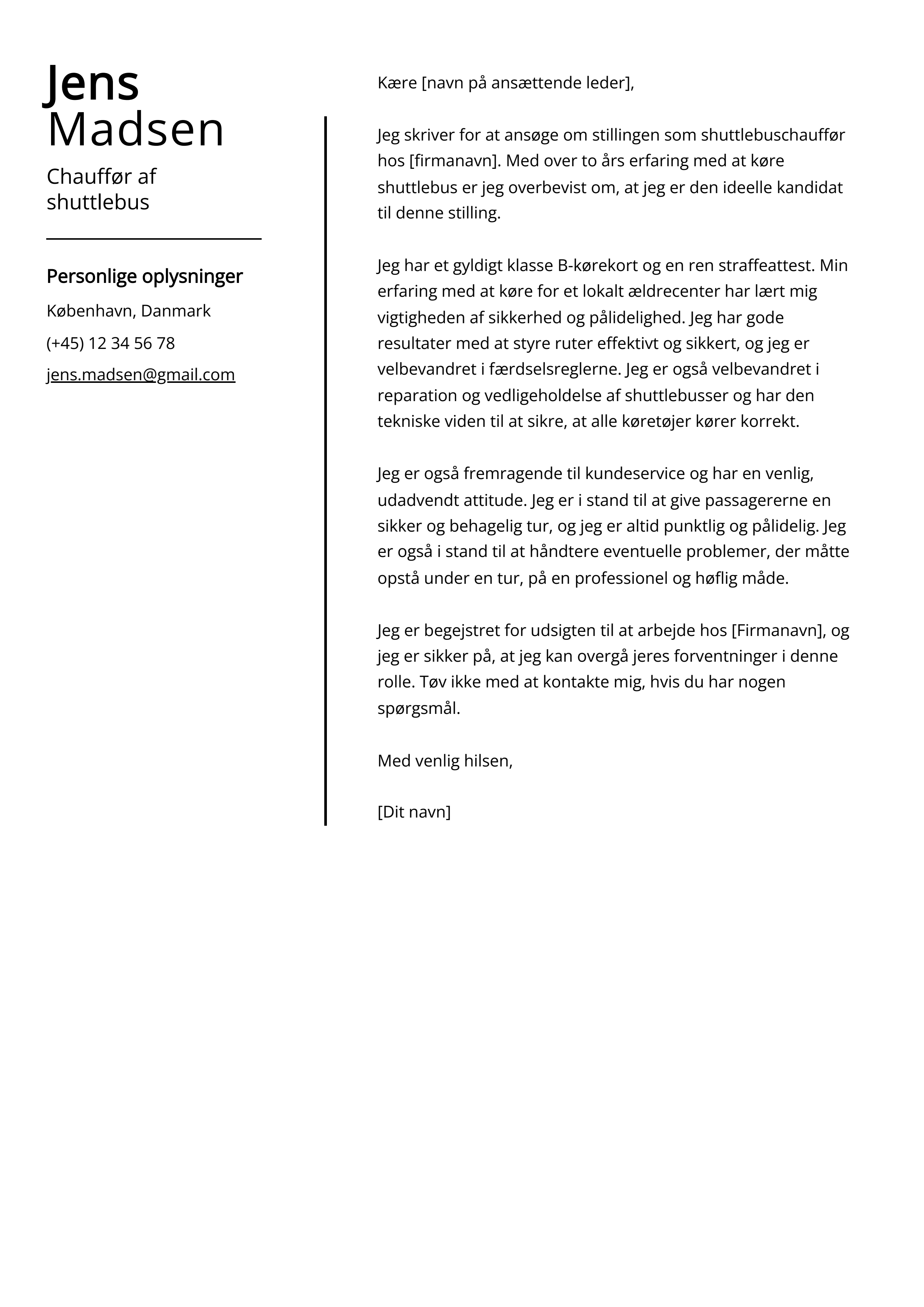 Chauffør af shuttlebus Cover Letter Example