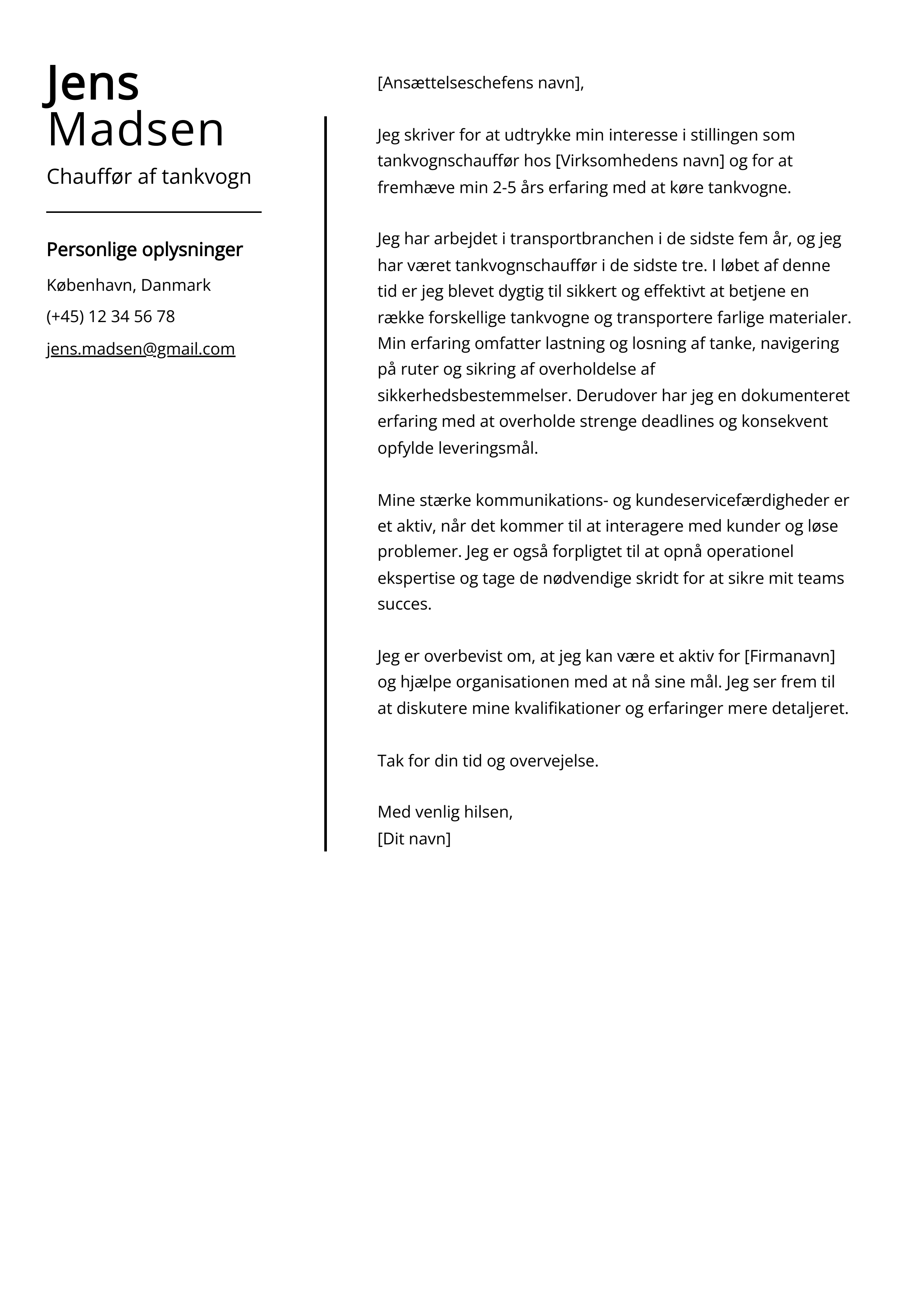 Chauffør af tankvogn Cover Letter Example