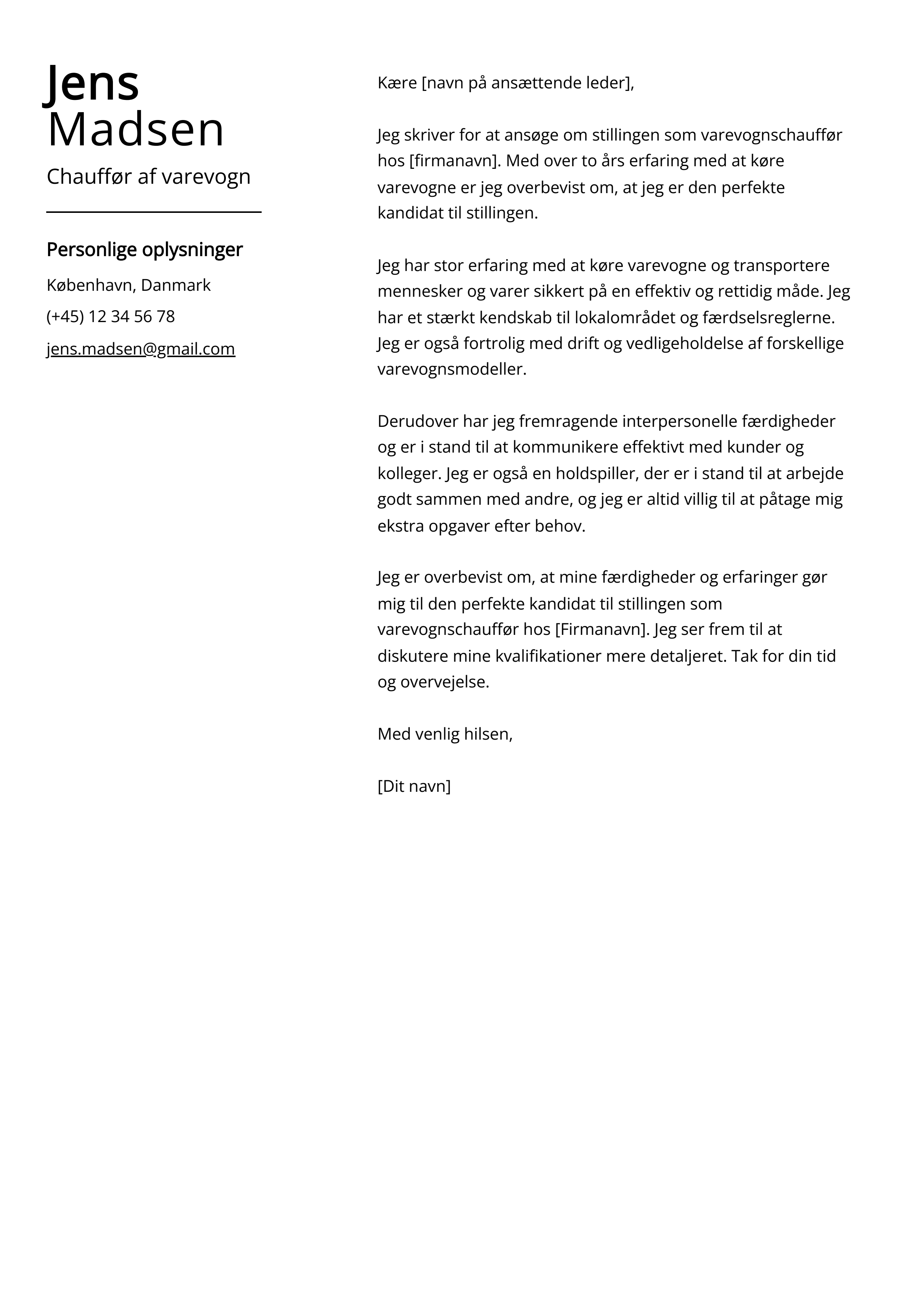 Chauffør af varevogn Cover Letter Example