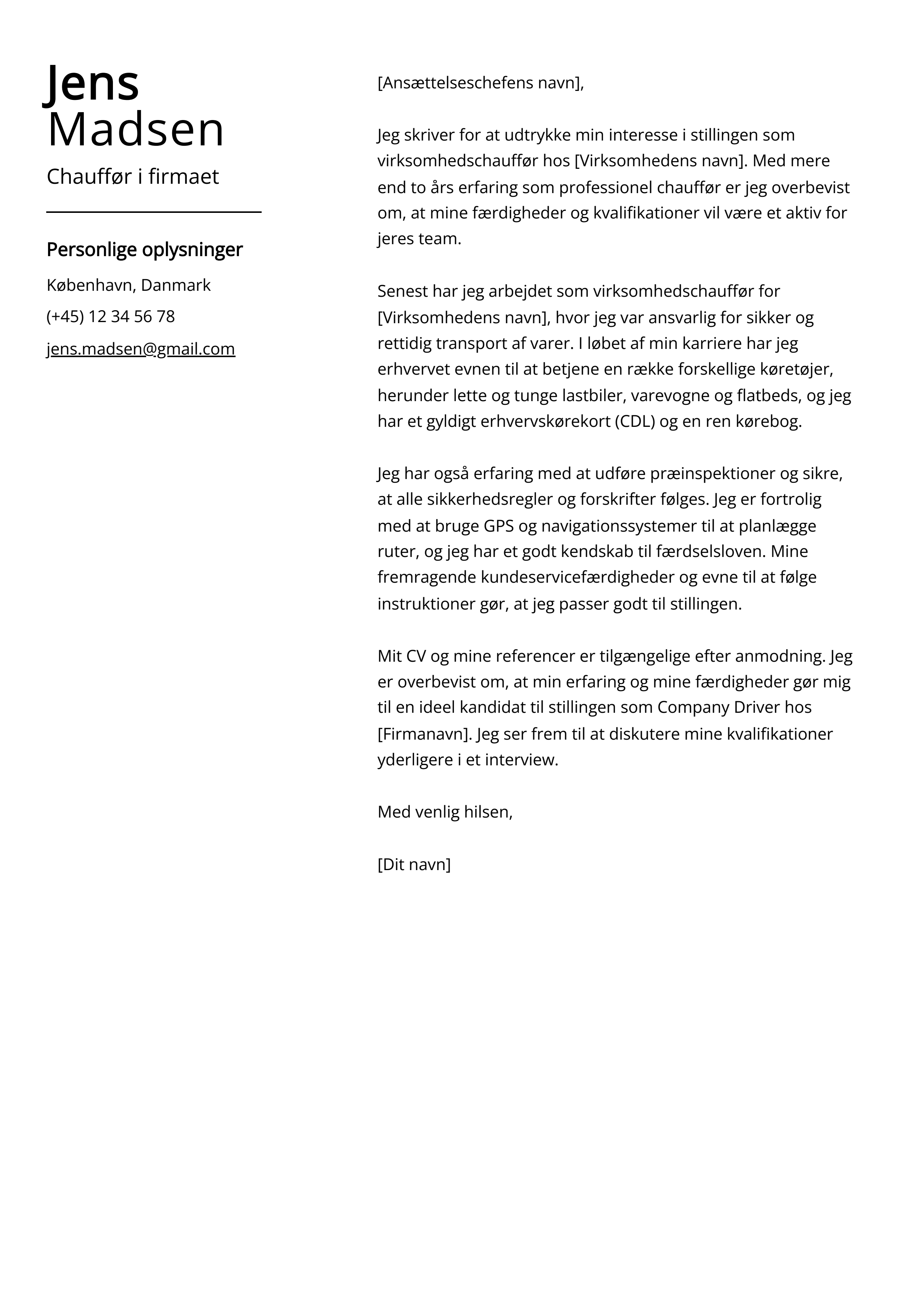 Chauffør i firmaet Cover Letter Example