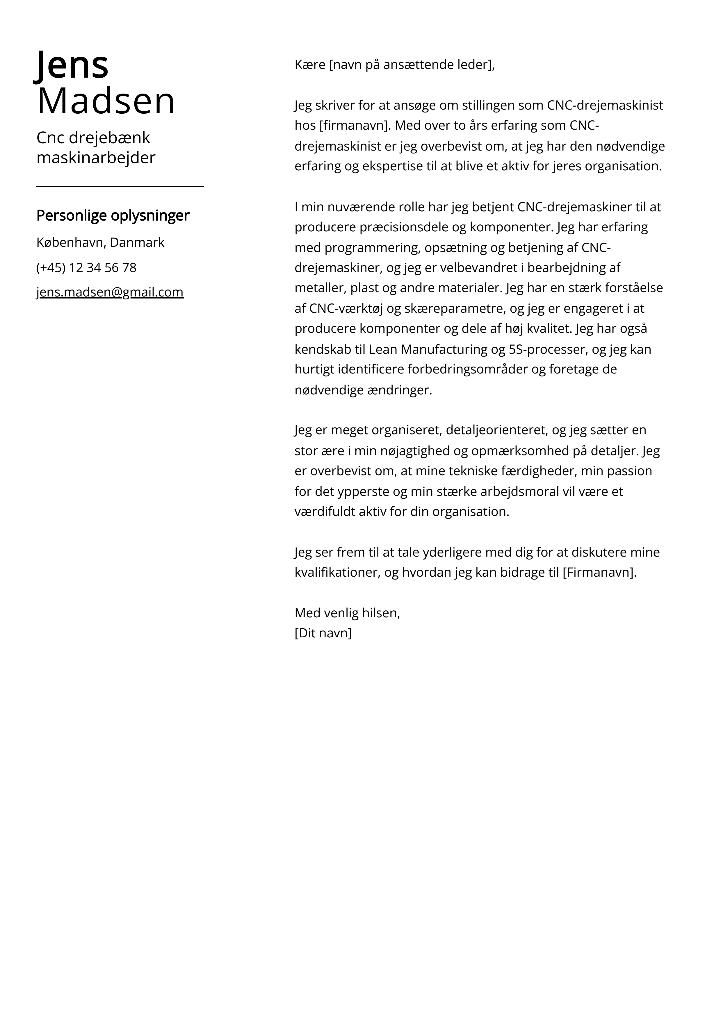 Cnc drejebænk maskinarbejder Cover Letter Example