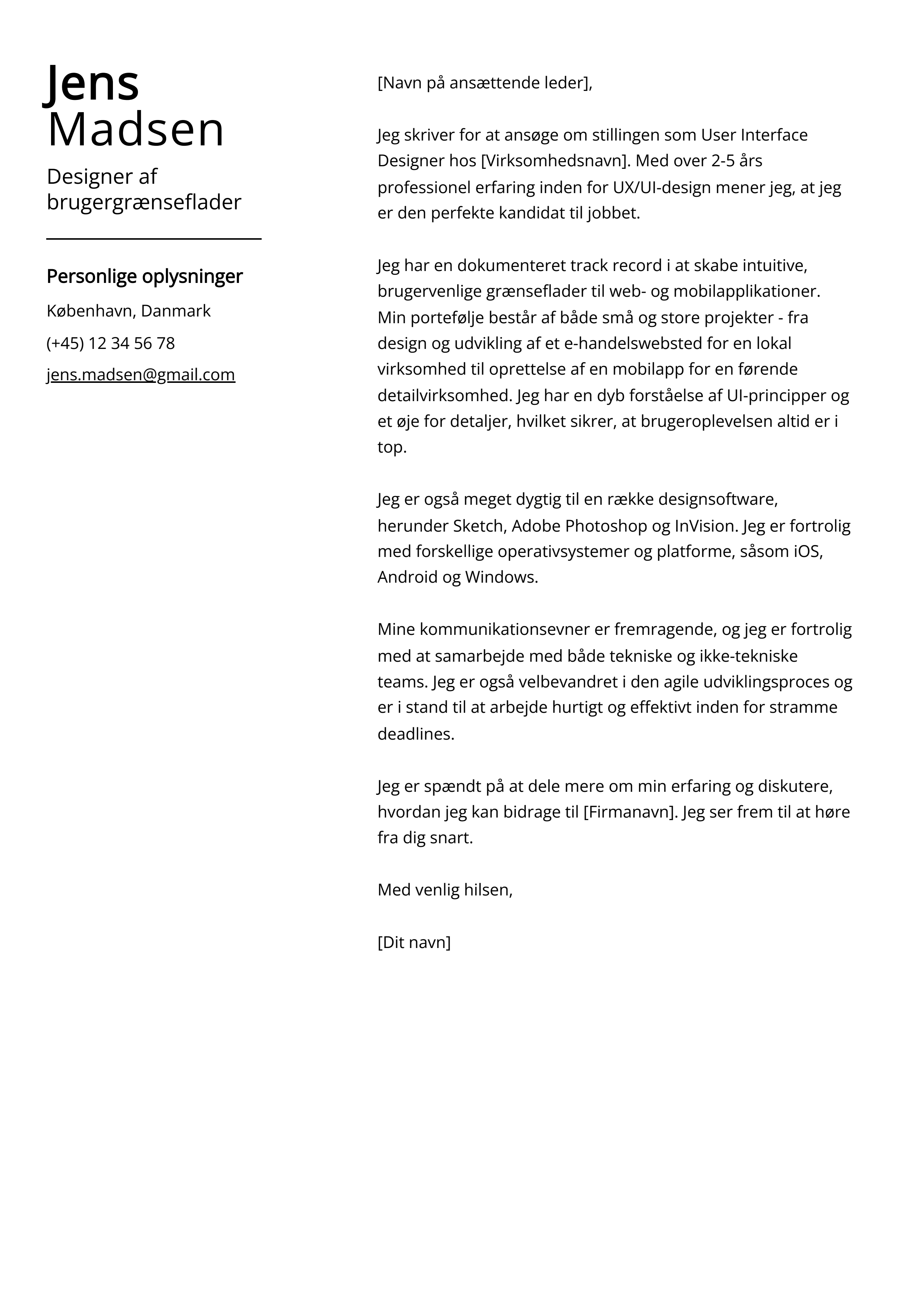 Designer af brugergrænseflader Cover Letter Example