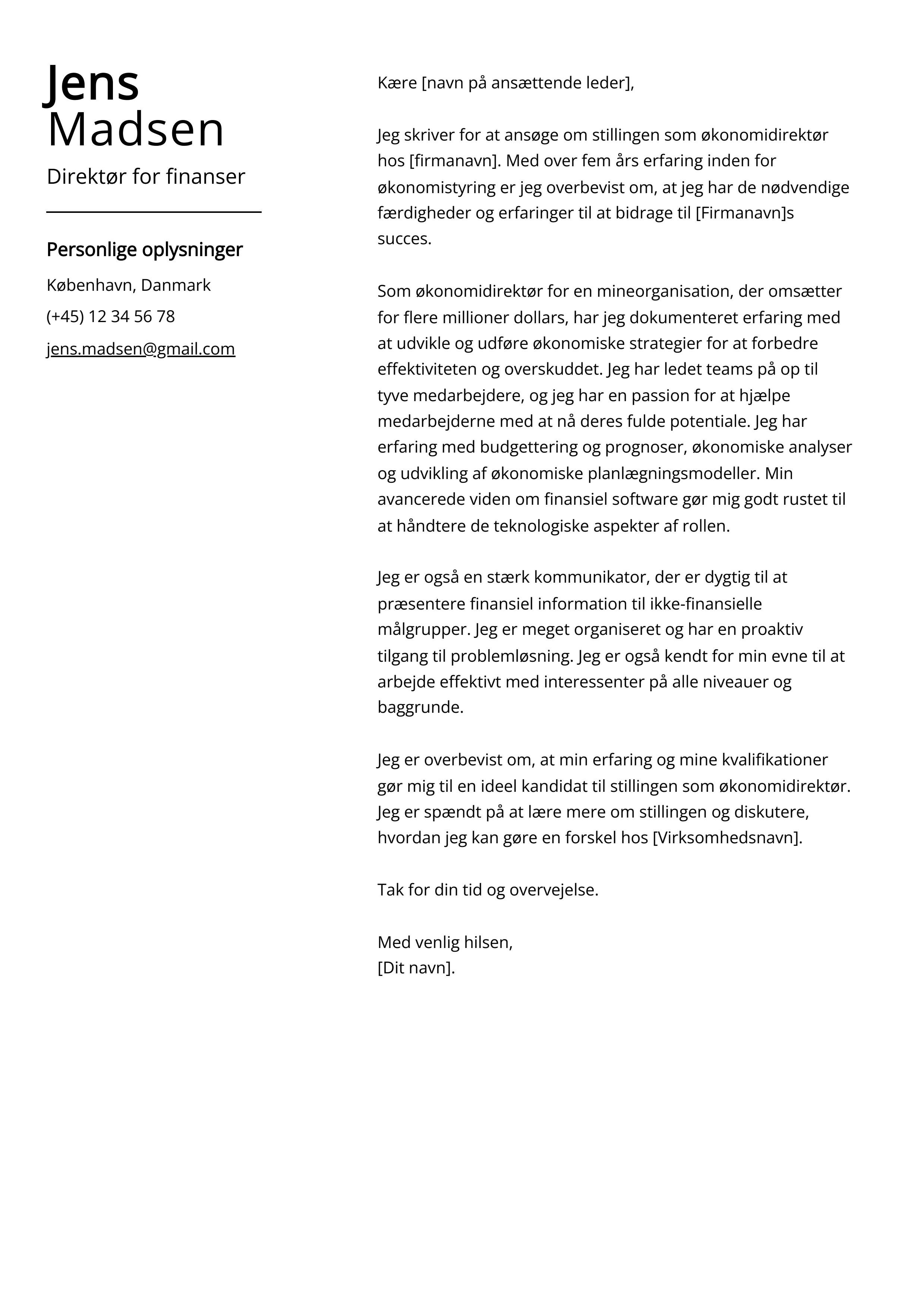 Direktør for finanser Cover Letter Example