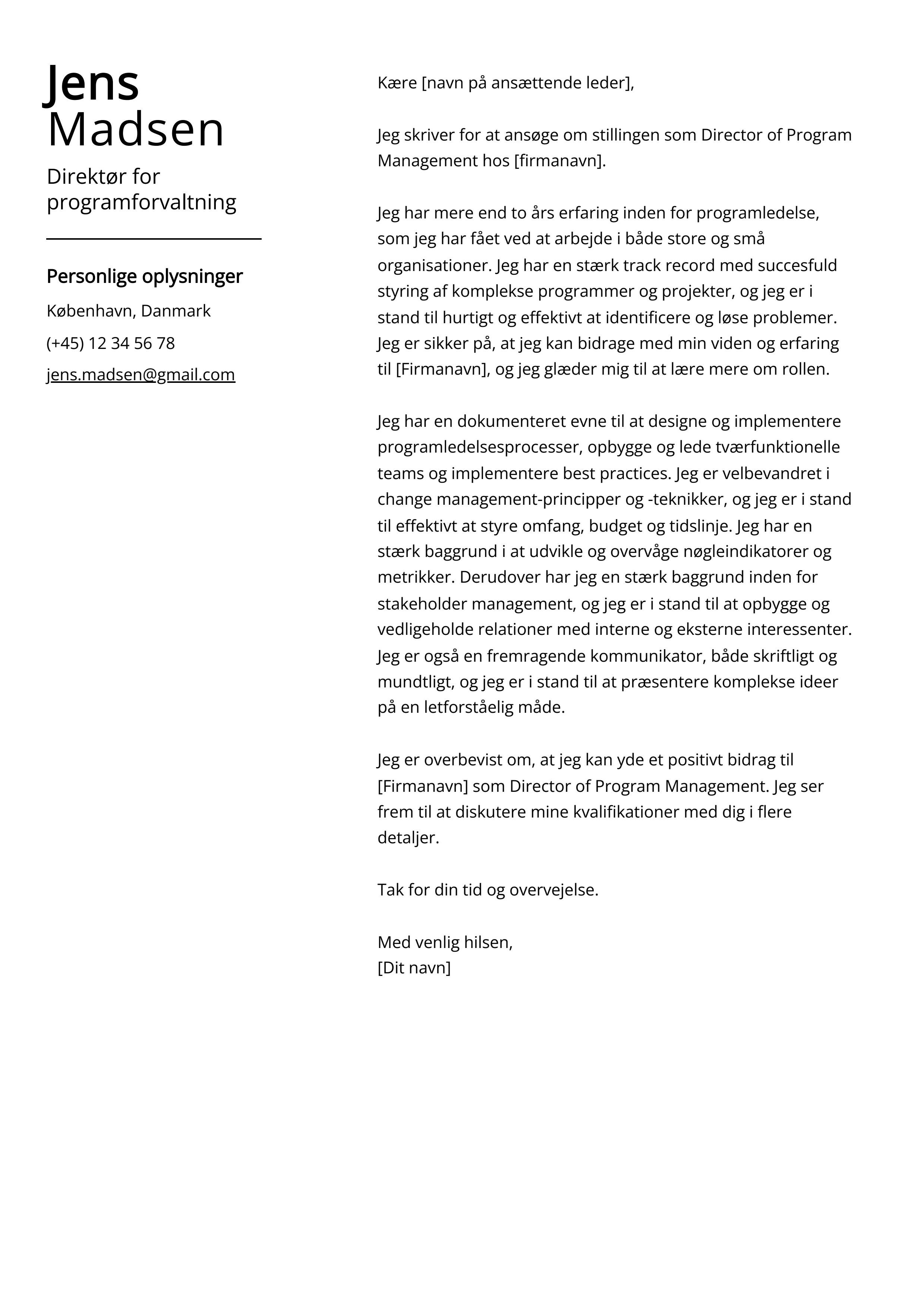 Direktør for programforvaltning Cover Letter Example