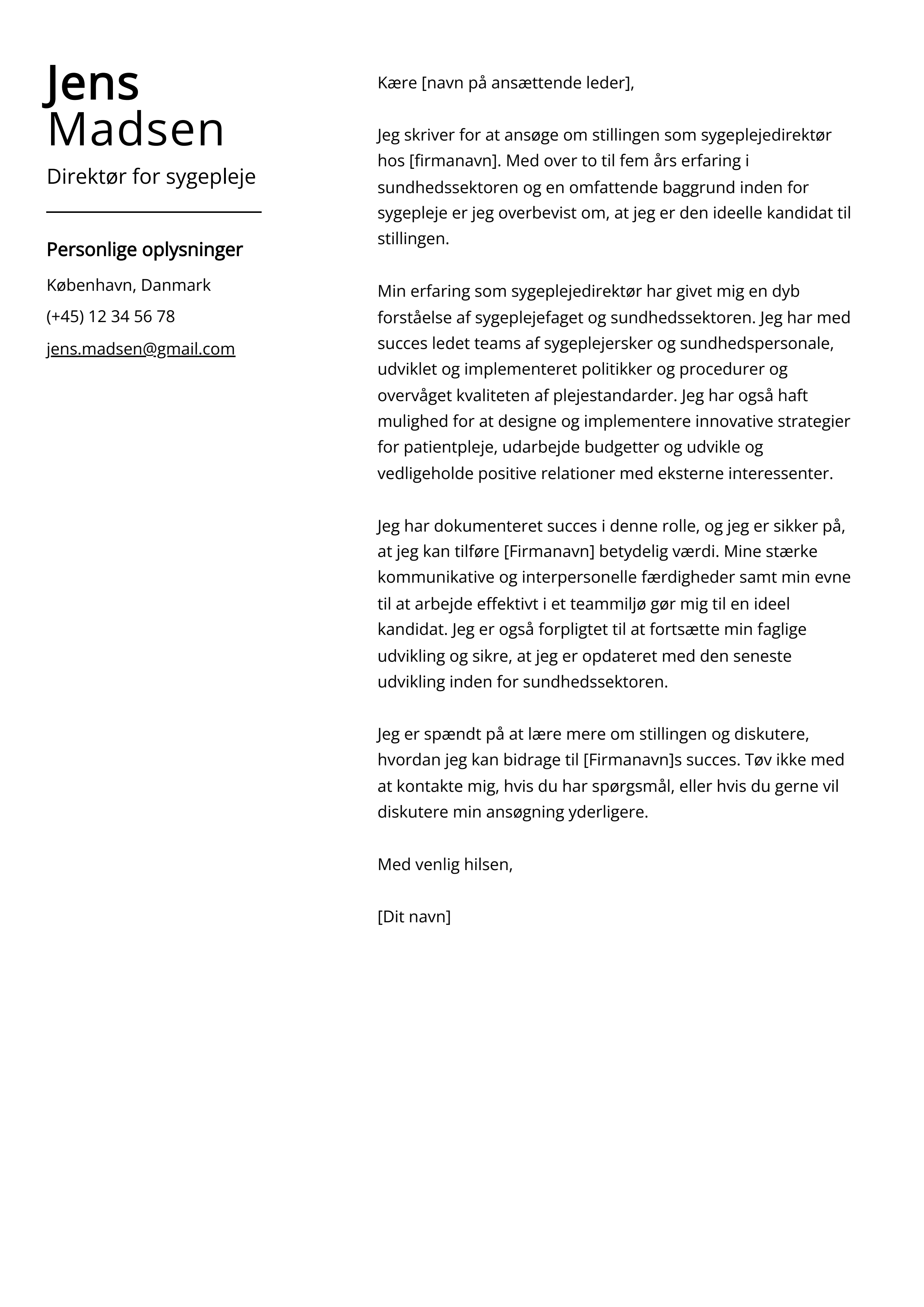 Direktør for sygepleje Cover Letter Example