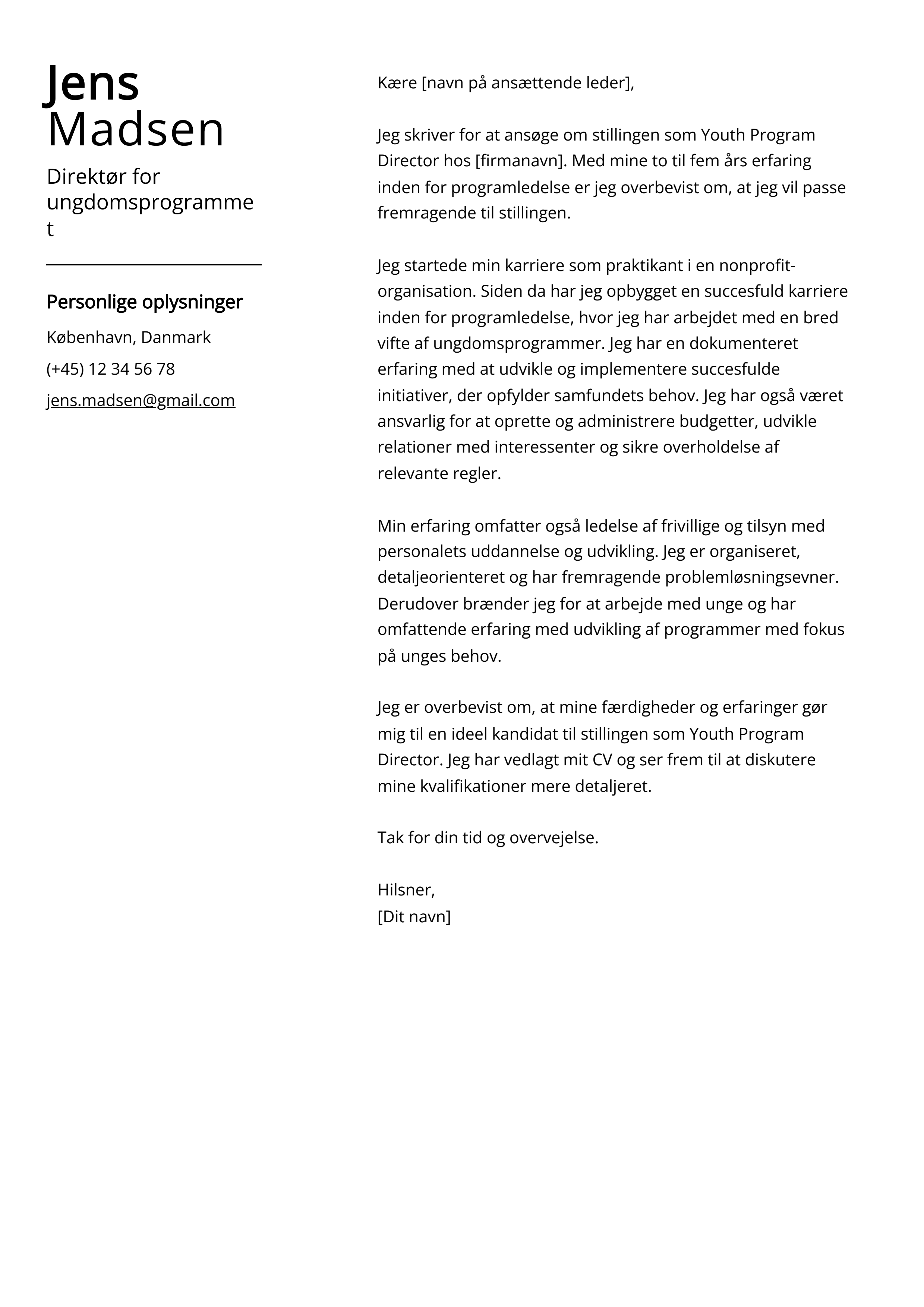 Direktør for ungdomsprogrammet Cover Letter Example