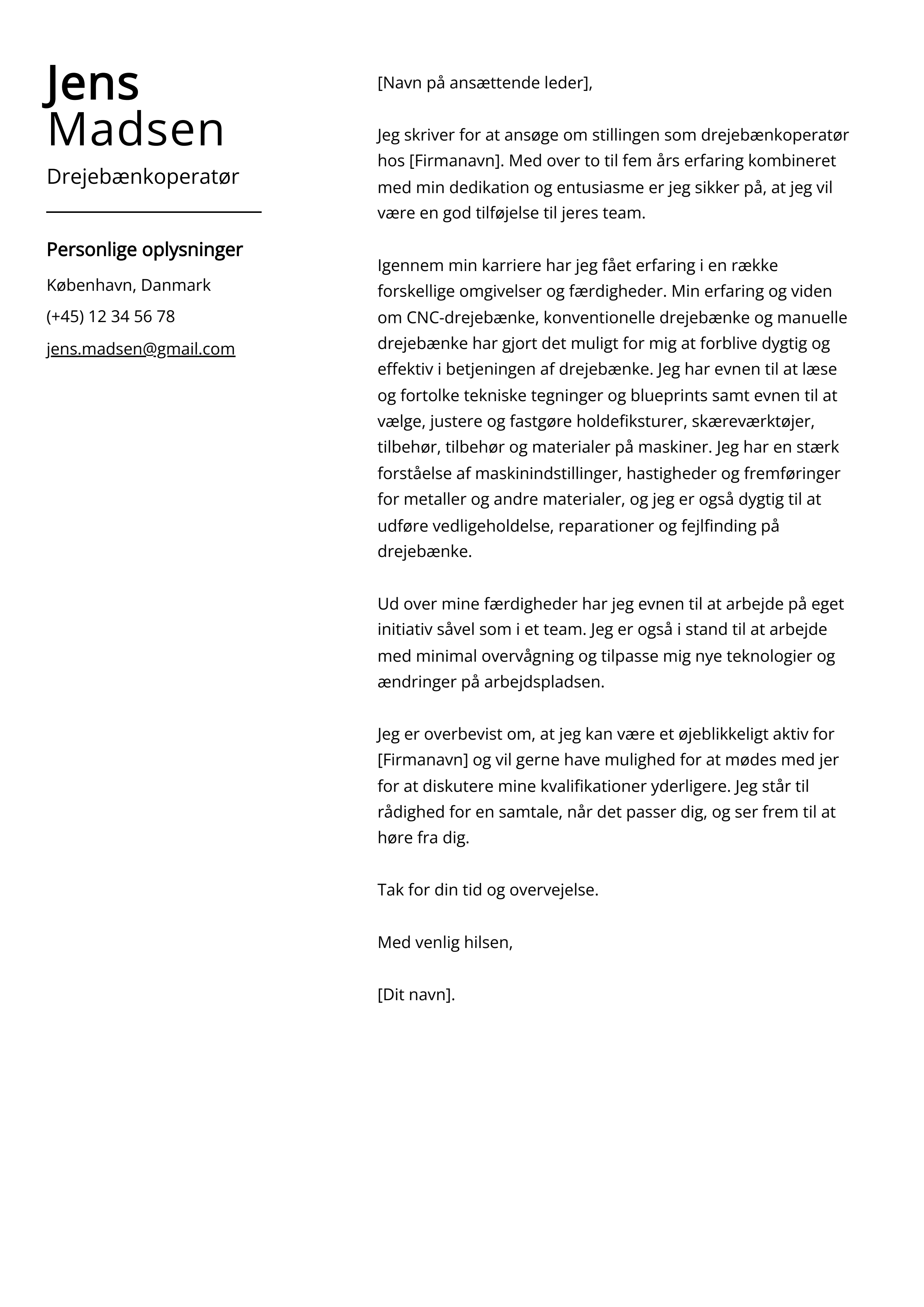 Drejebænkoperatør Cover Letter Eksempel