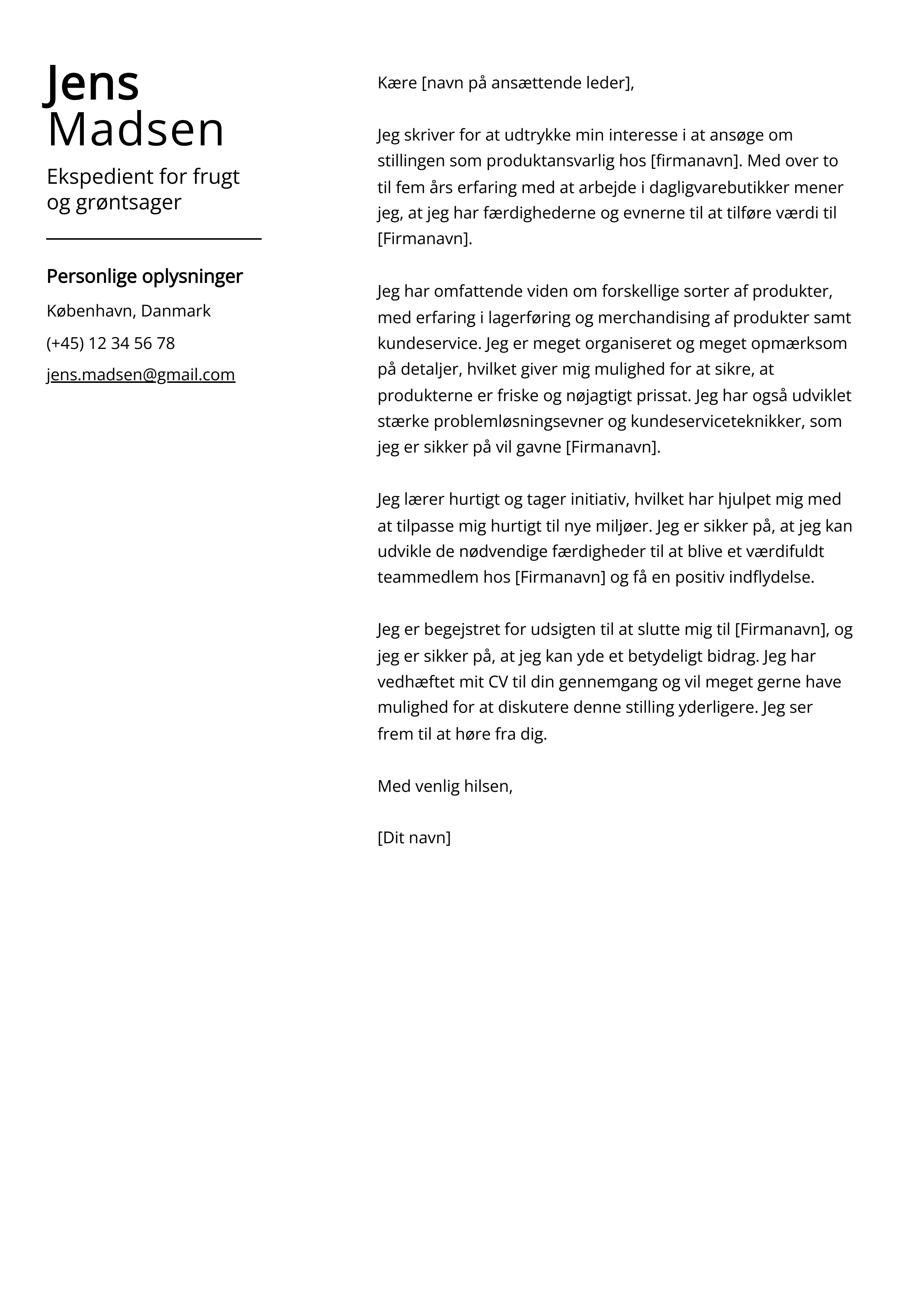 Ekspedient for frugt og grøntsager Cover Letter Example