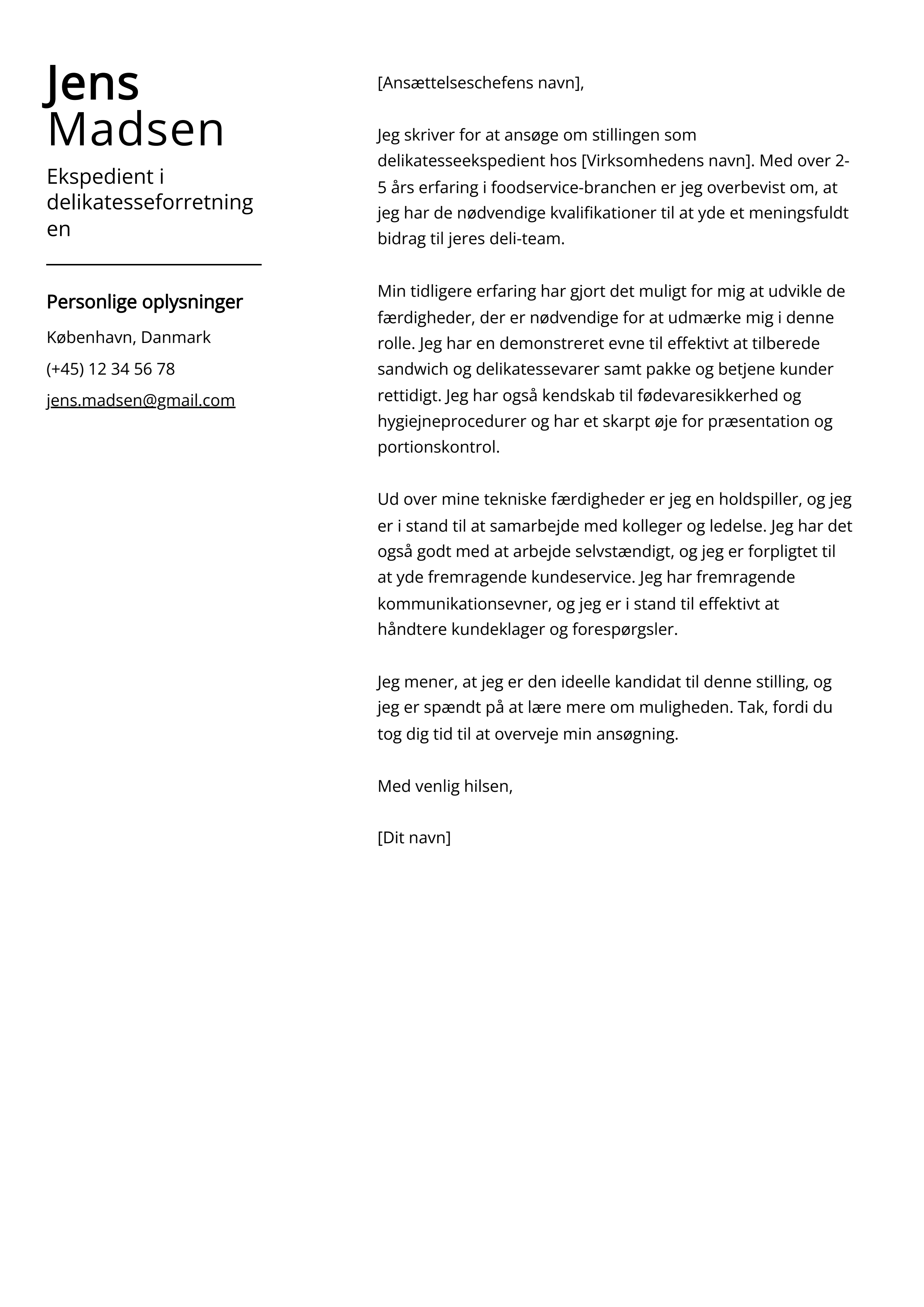 Ekspedient i delikatesseforretningen Cover Letter Example