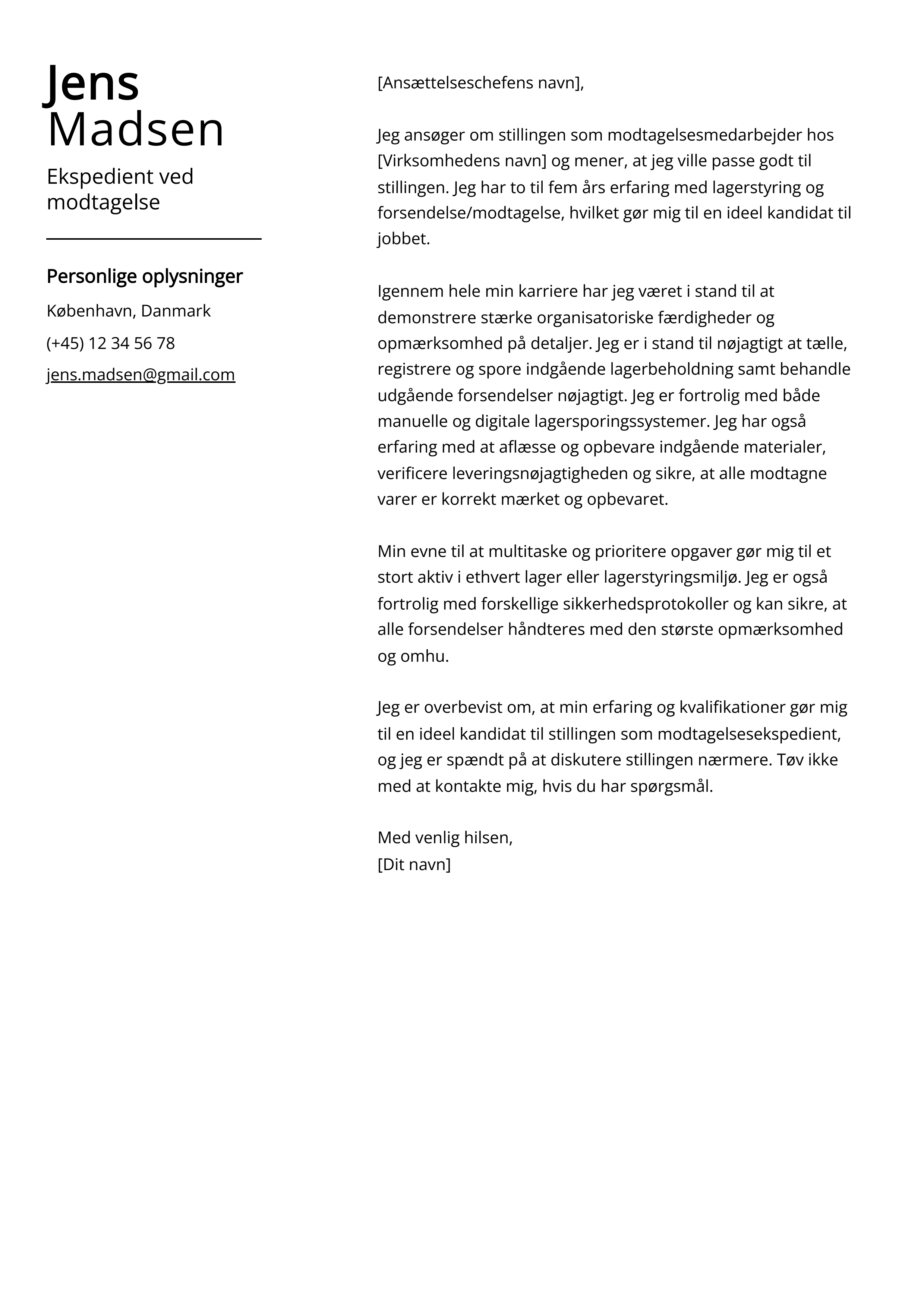 Ekspedient ved modtagelse Cover Letter Example