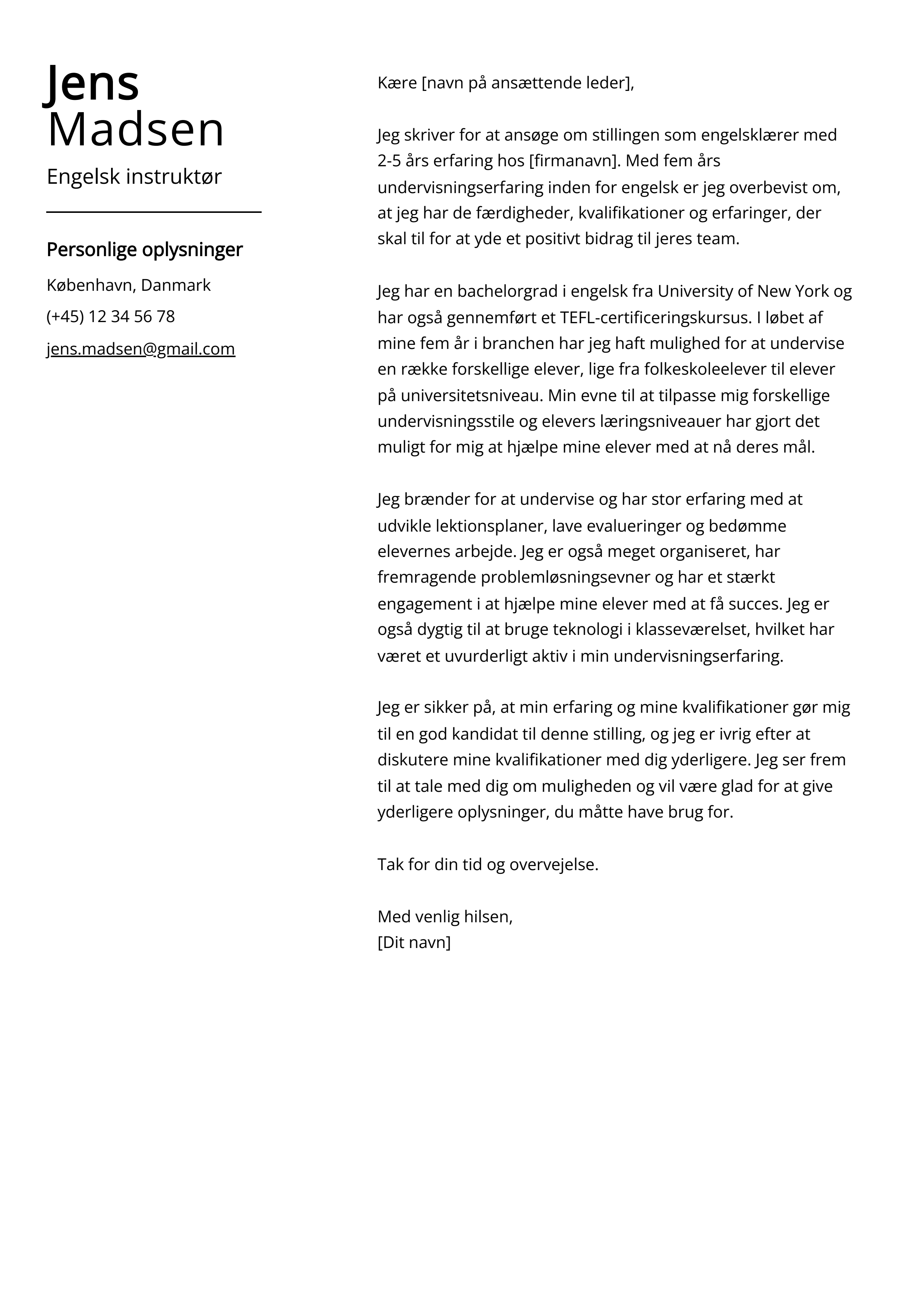 Engelsk instruktør Cover Letter Example