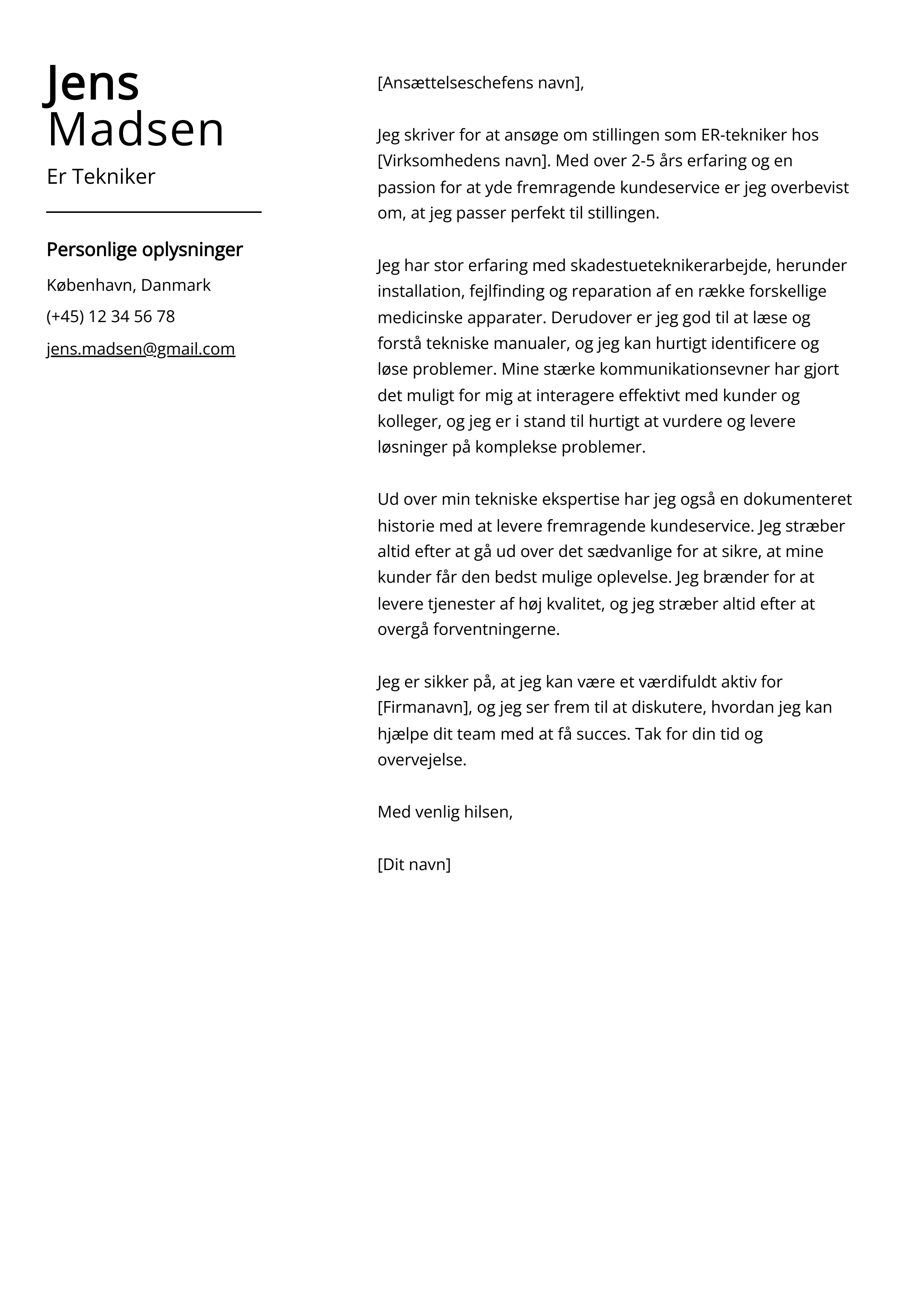 Er Tekniker Cover Letter Eksempel