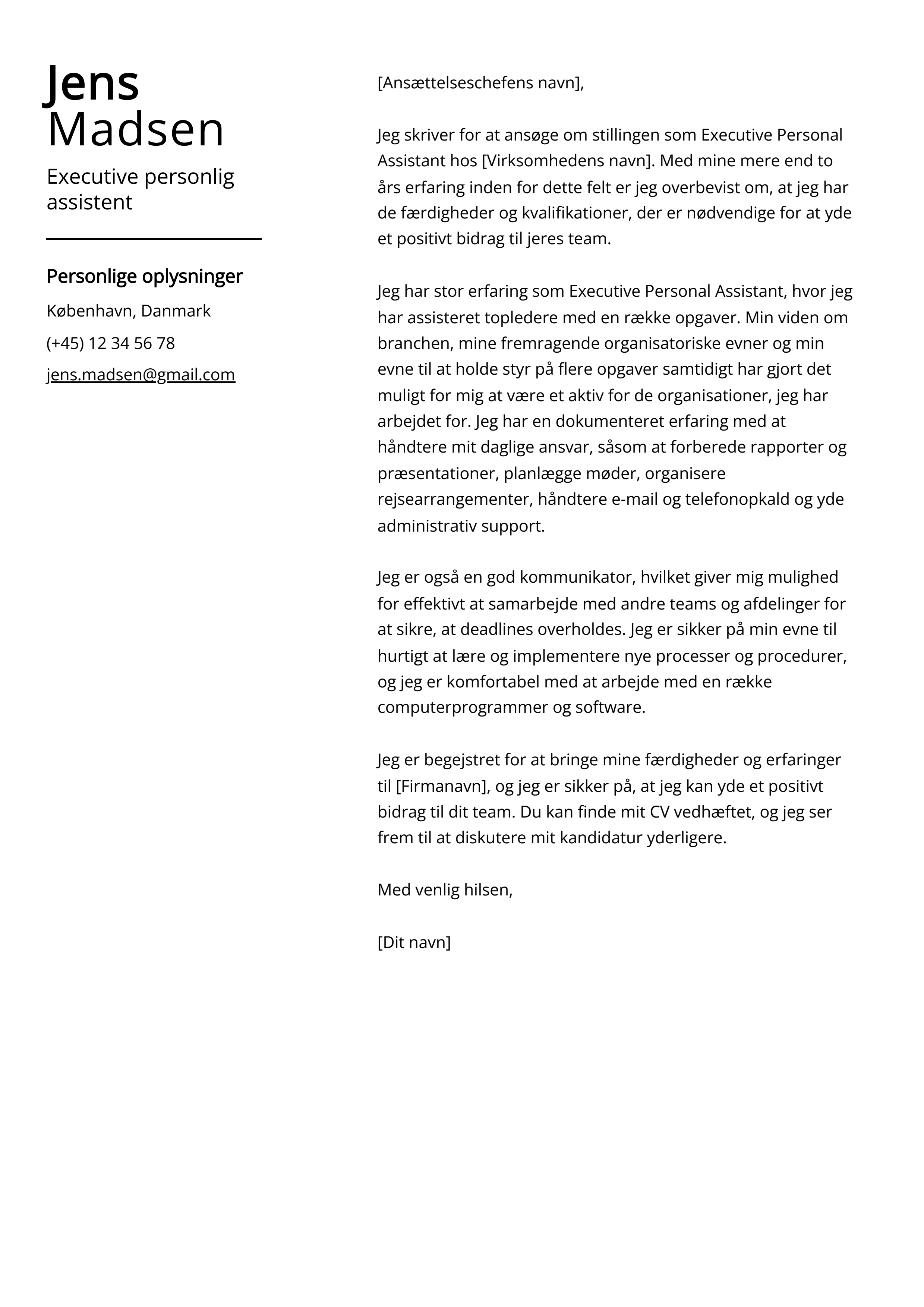 Executive personlig assistent Cover Letter Example