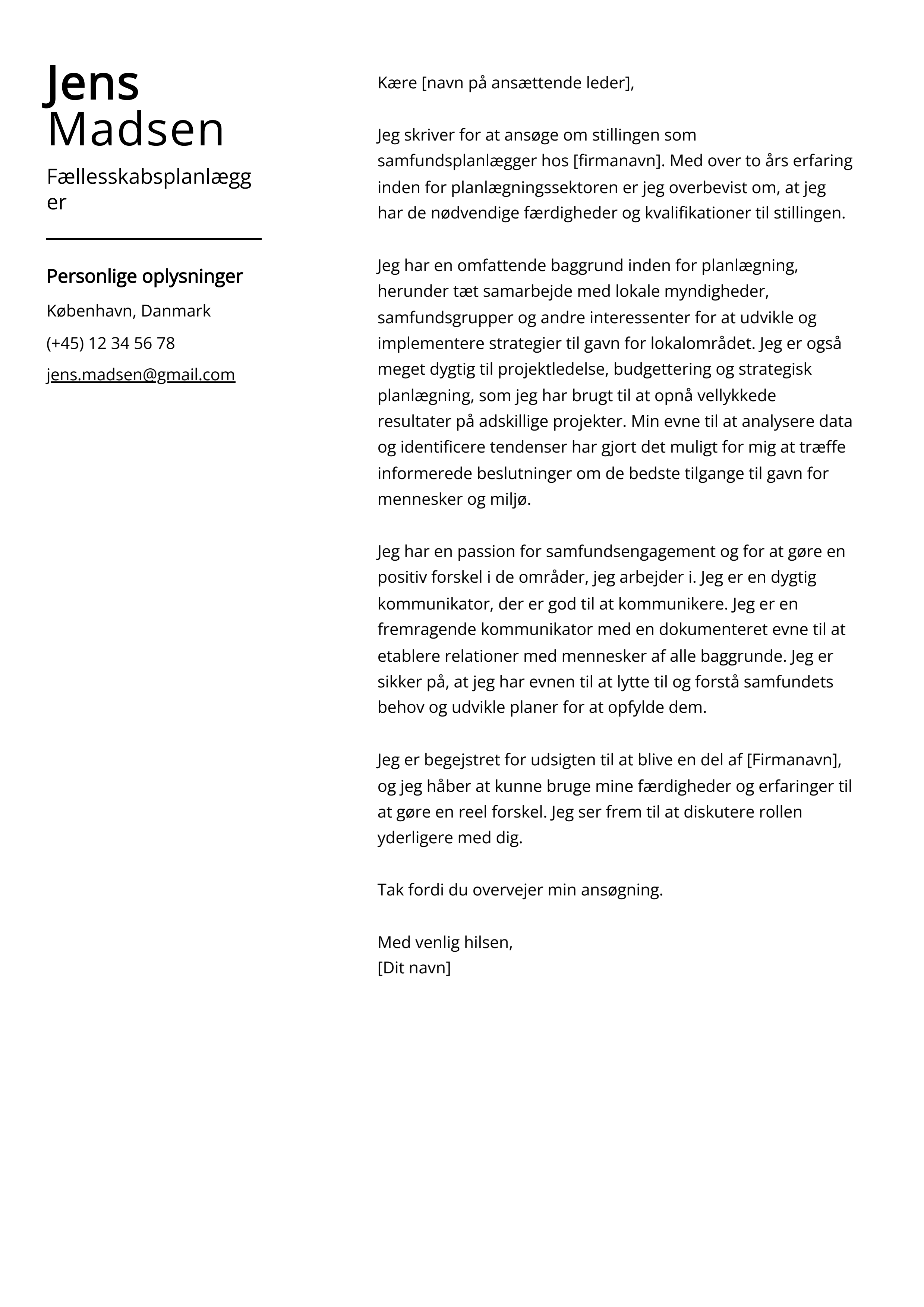 Fællesskabsplanlægger Cover Letter Eksempel