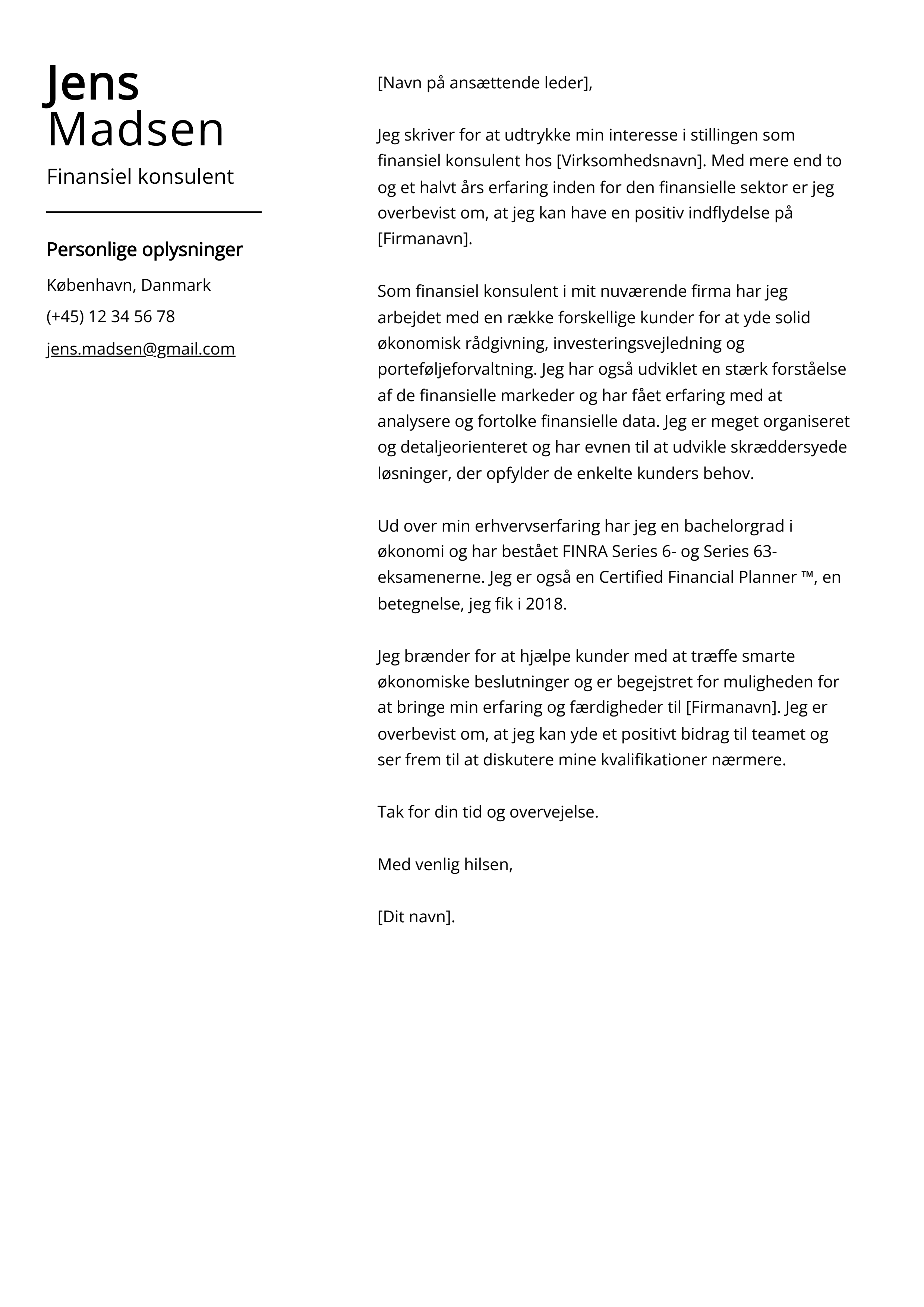 Finansiel konsulent Cover Letter Eksempel