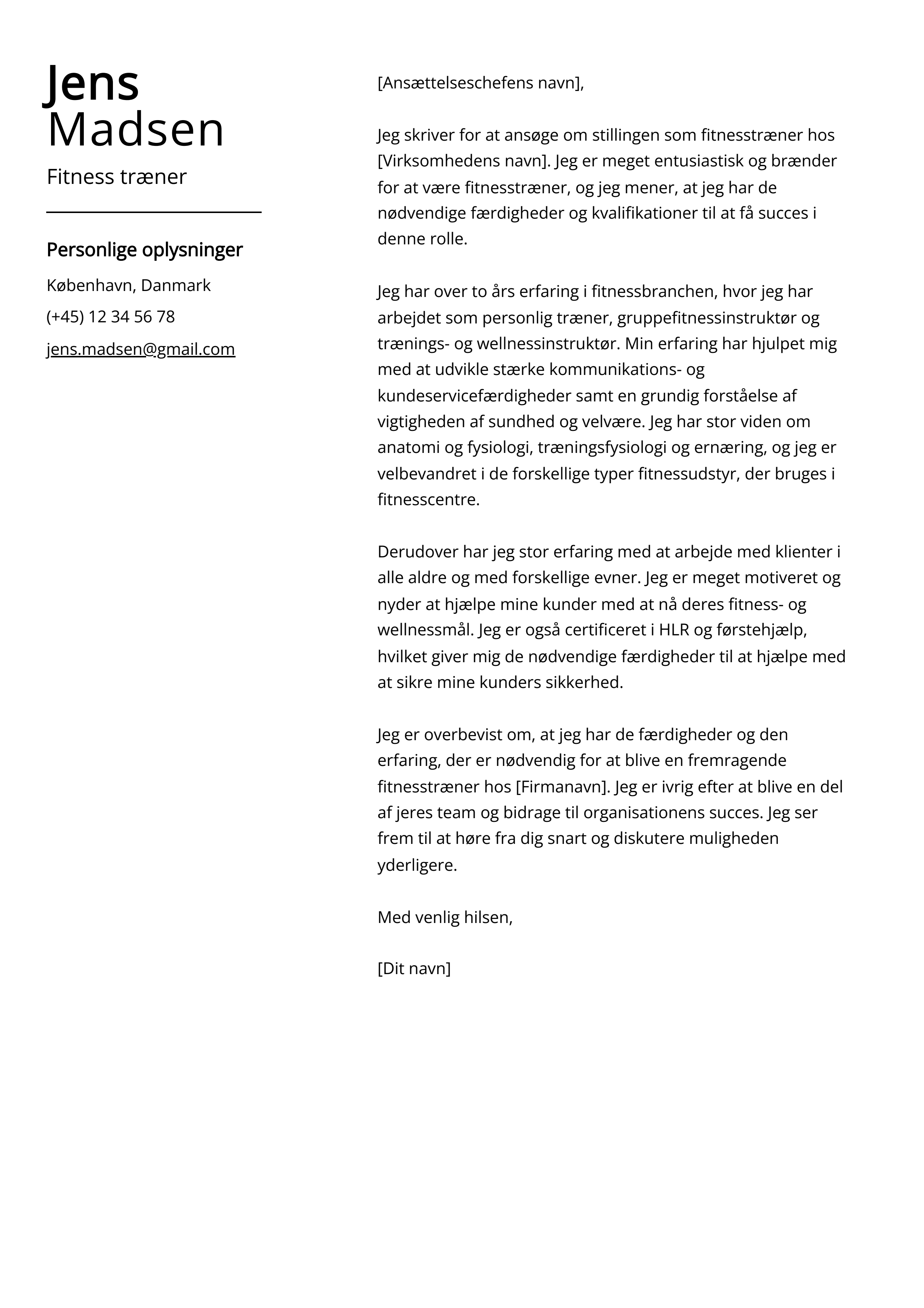 Fitness træner Cover Letter Eksempel