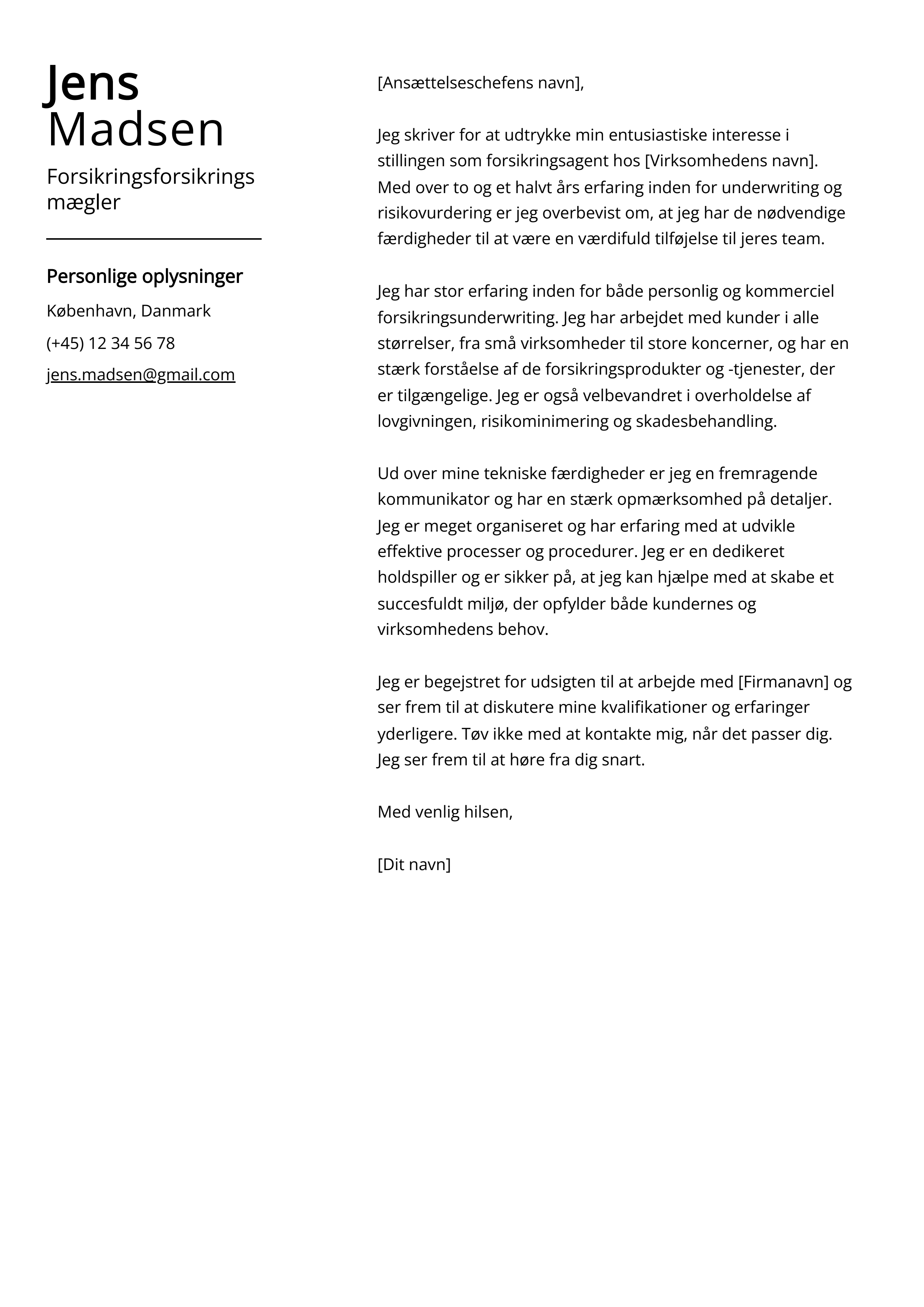 Forsikringsforsikringsmægler Cover Letter Example